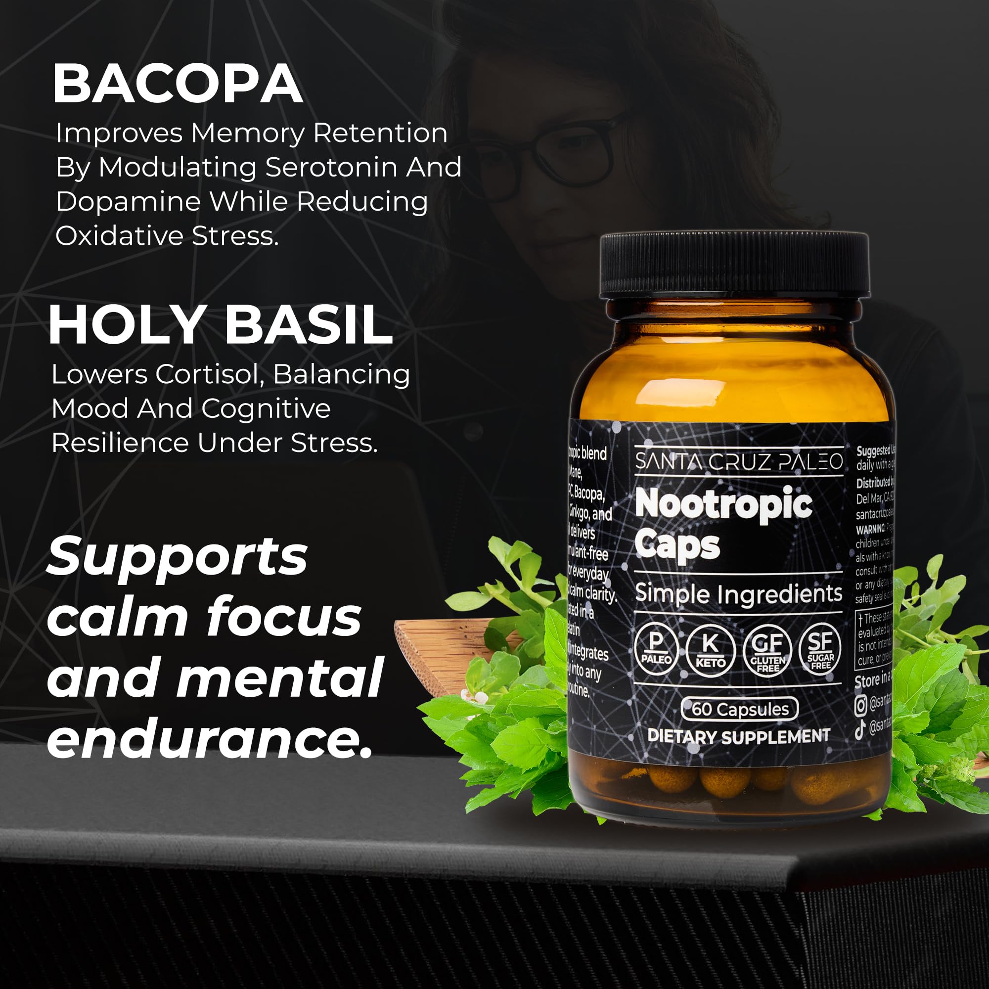 Santa Cruz Paleo Nootropic Capsules – Lions Mane, Alpha GPC, Panax Ginseng & Ginkgo Biloba for Focus, Memory, Mental Clarity & Energy – Keto, Paleo, Gluten Free Brain Supplement, 60 Caps Santa Cruz PaleoAu supplements