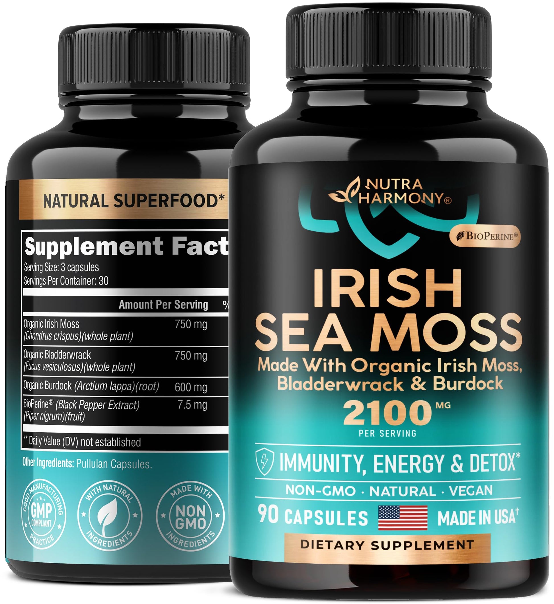Irish Sea Moss Capsules - Made with Organic Sea Moss, Bladderwrack & Burdock Root - Made in USA - Advanced Superfood - Natural Multi Supplements Blend - Immunity & Energy Support - 90 Vegan Capsules NUTRAHARMONYAu supplements