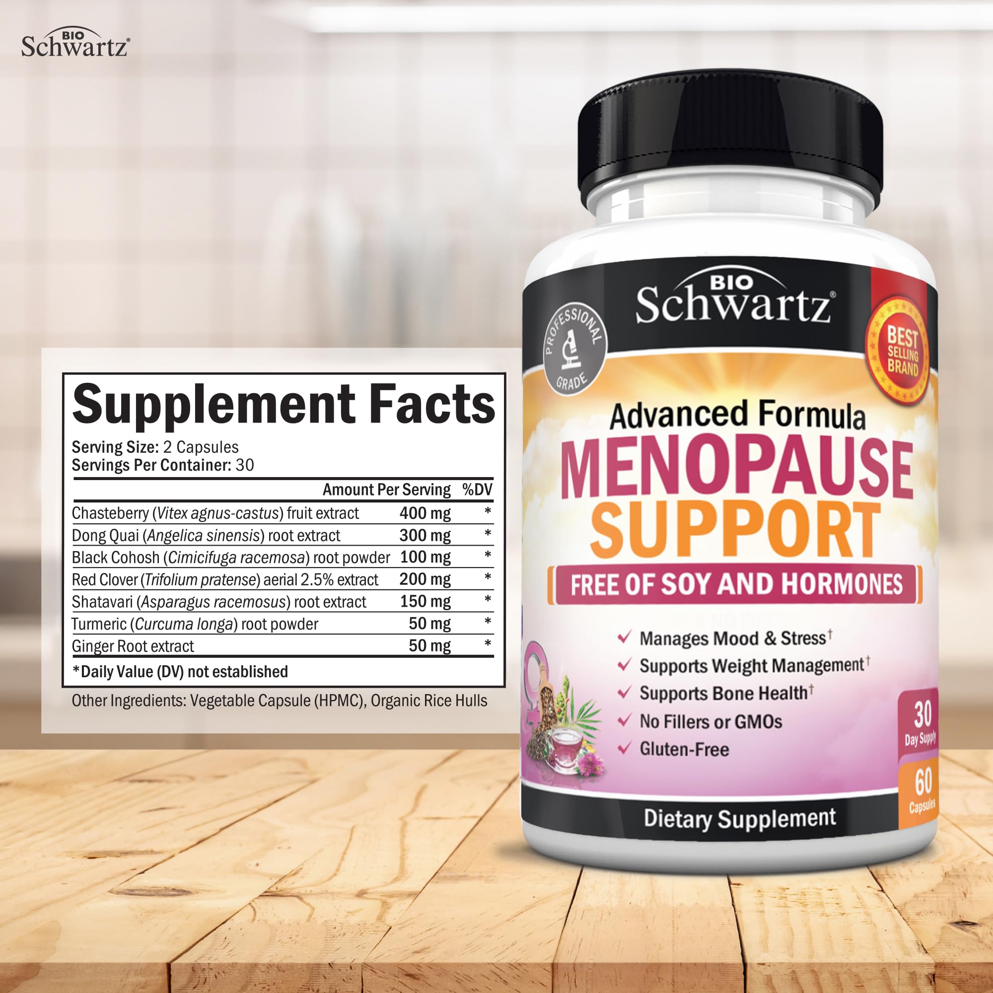 Herbal Menopause Support for Women - Supports Healthy Mood and Balance with Milk Thistle Chasteberry Black Cohosh Red Clover Turmeric Ginger - Menopause Supplements for Women - 60 Veggie Capsules BioSchwartzAu supplements