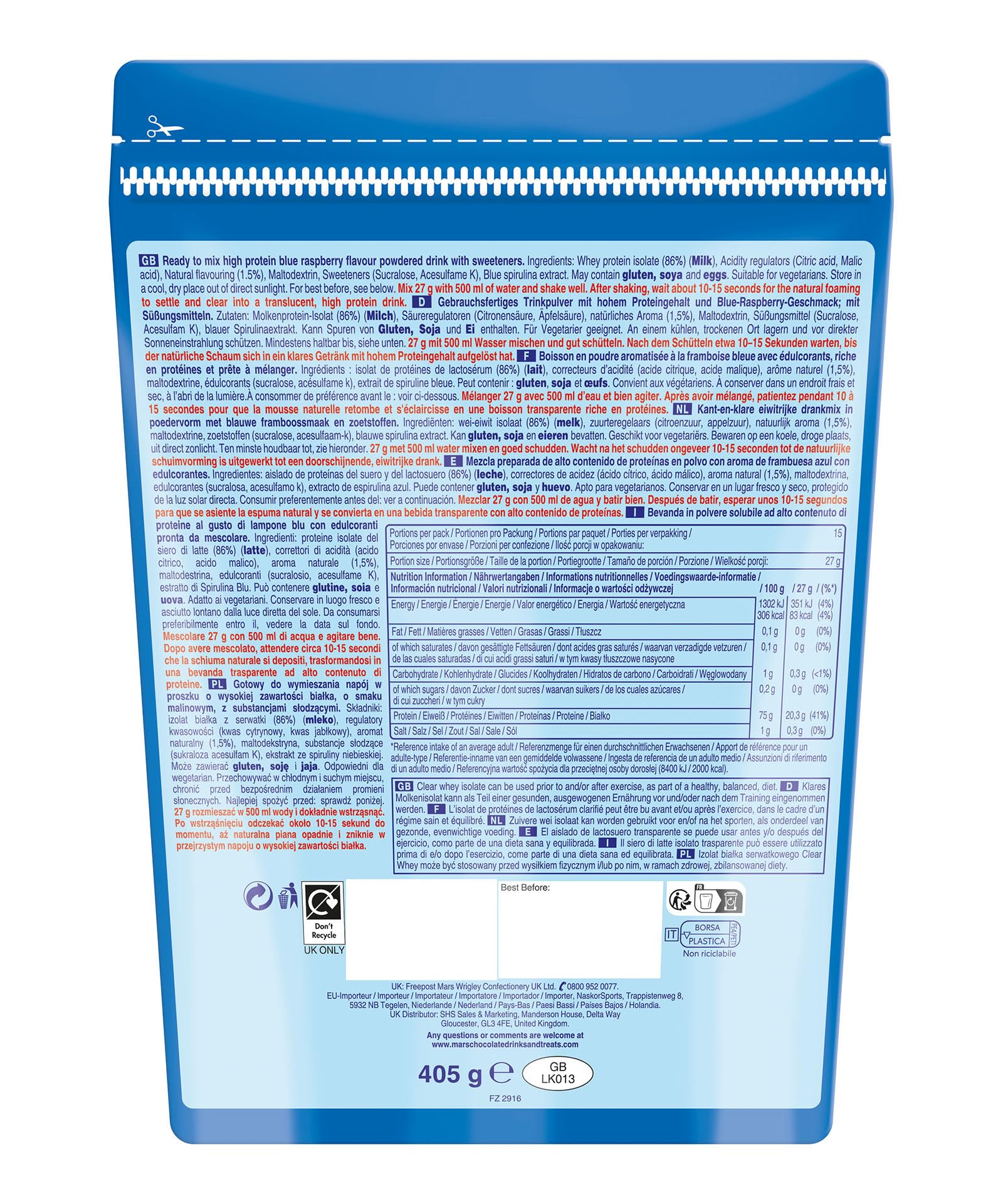Hubba Bubba Blue Raspberry Clear Whey Isolate, Protein Powder Drink, 405g Pouch Hubba BubbaAu supplements