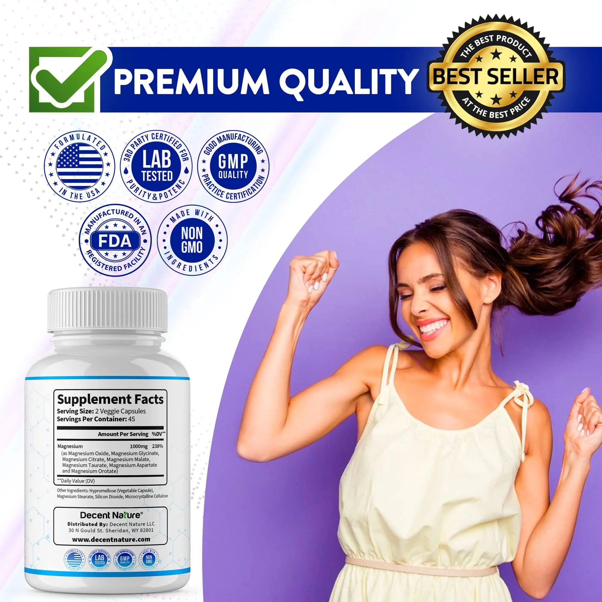 Magnesium Complex 7 Elemental Magnesium Supplement 1000mg – Magnesium Glycinate, Citrate, Malate, Taurate, Oxide, Aspartate, Orotate Non-GMO 90 Capsules DECENT NATUREnz supplements