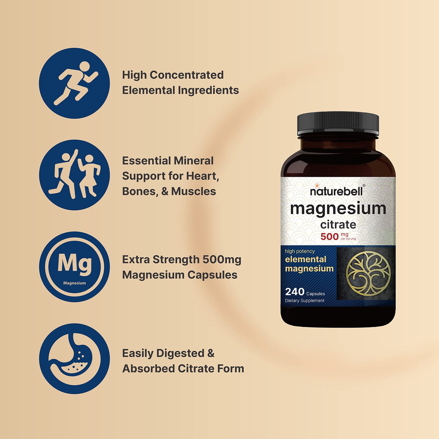 Magnesium Citrate 500mg, 240 Capsules (Citrato de Magnesio) | High Purity Elemental NatureBellUS supplements