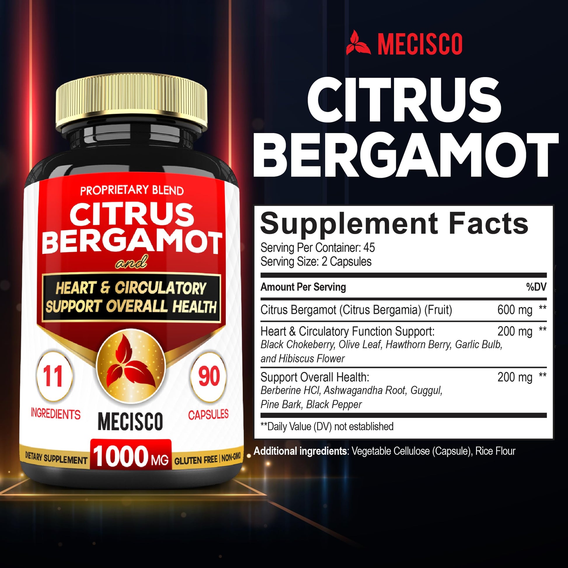 Mecisco 11 in 1 Citrus Bergamot Supplement 1000mg with Black Chokeberry, Berberine HCl & More - 90 Capsules - Supports Heart Health, Immune System, Energy Production MeciscoAu supplements