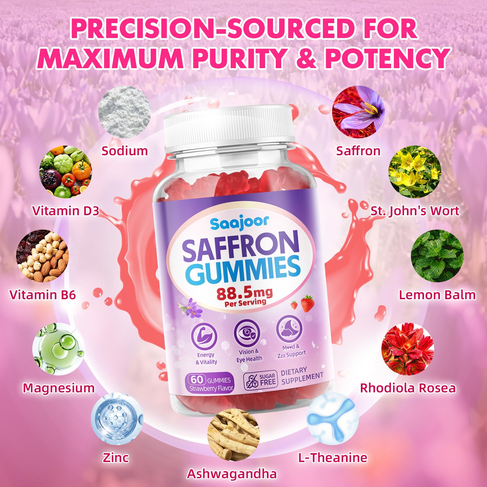 Saffron Gummies for Adult Kids - with Saffron 88.5mg, Vitamins D3 & B6, Magnesium, Zinc, Ashwagandha, L - Theanine, St. John's Wort - Supports Mood & Focus, Strawberry Flavor, 120 Count SaajoorAu supplements