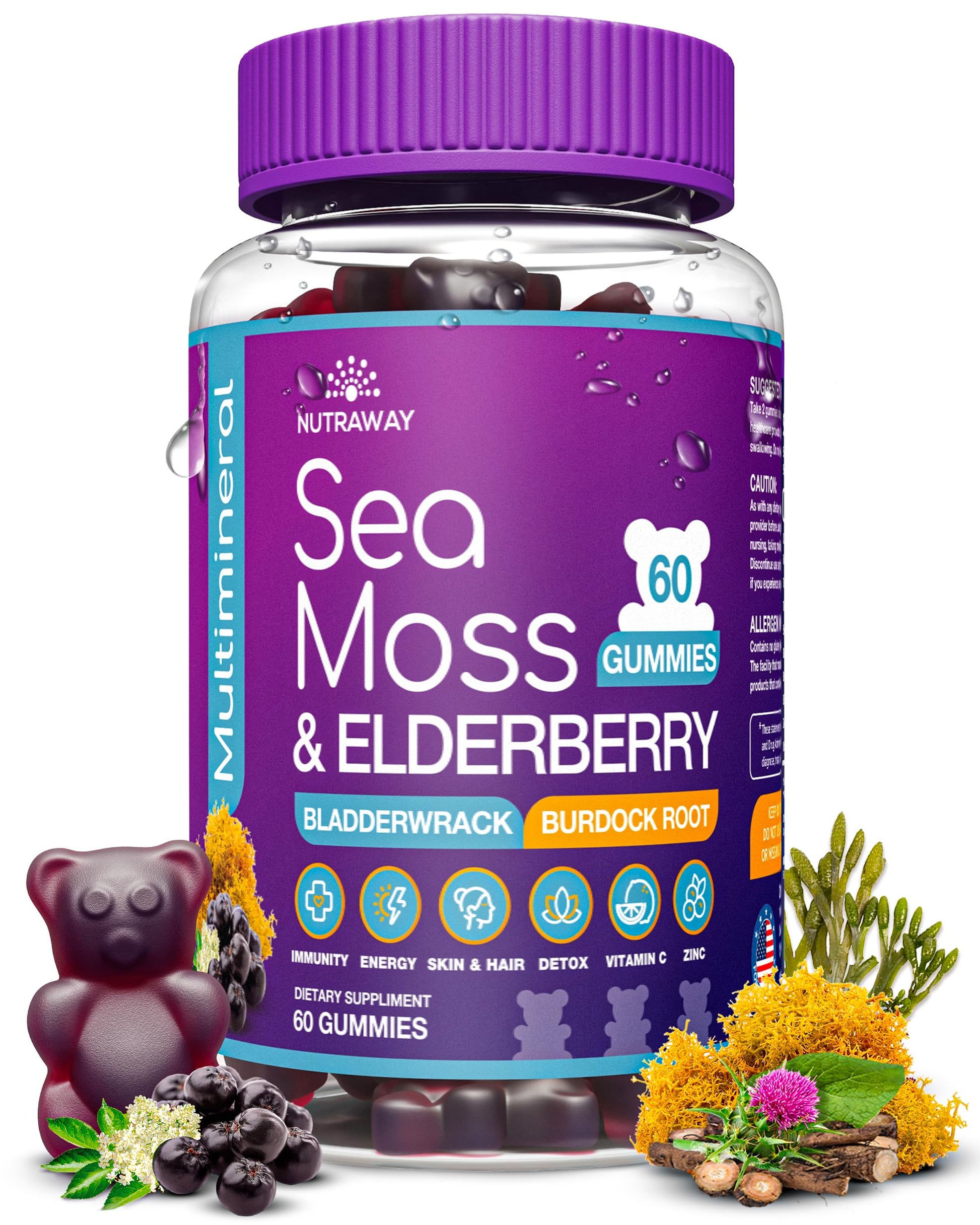 NUTRAWAY LABS Sea Moss Gummies with Elderberry, Vitamin C & Zinc - 102 Minerals from Irish Sea Moss, Bladderwrack & Burdock Root for Immune Support - Vegan Seamoss Supplement (Pack of 1) NUTRAWAY LABSAu supplements