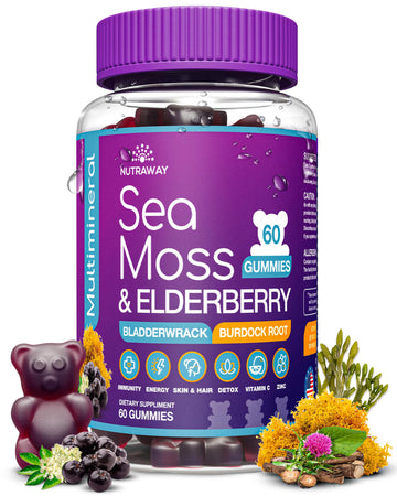 NUTRAWAY LABS Sea Moss Gummies with Elderberry, Vitamin C & Zinc - 102 Minerals from Irish Sea Moss, Bladderwrack & Burdock Root for Immune Support - Vegan Seamoss Supplement (Pack of 1) NUTRAWAY LABSAu supplements