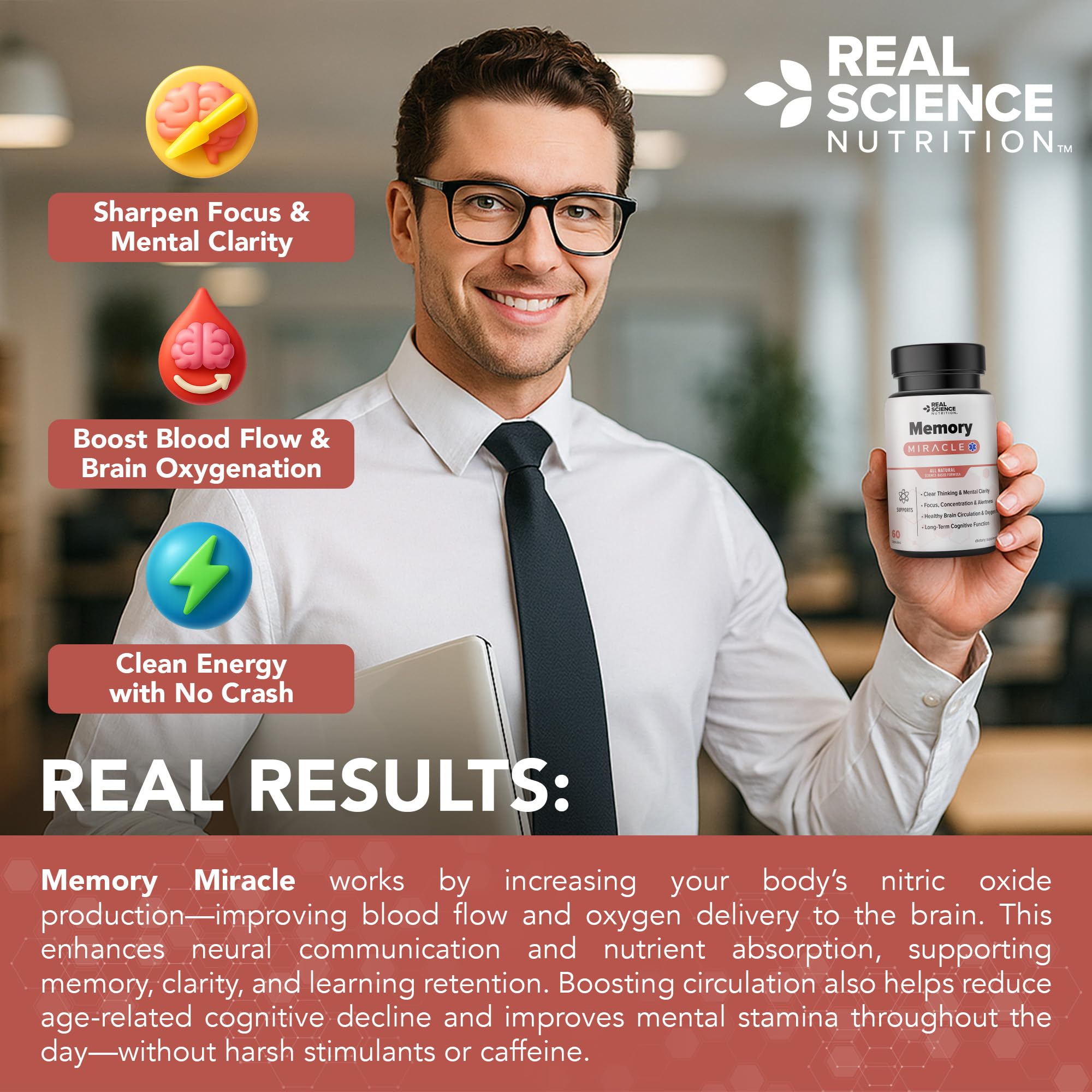 Real Science Nutrition Offers Memory Miracle – Brain and Memory Support Supplement for Focus, Mental Clarity & Brain Health – Nootropic Brain Booster with Nitric Oxide – 60 Capsules Real Science NutritionAu supplements
