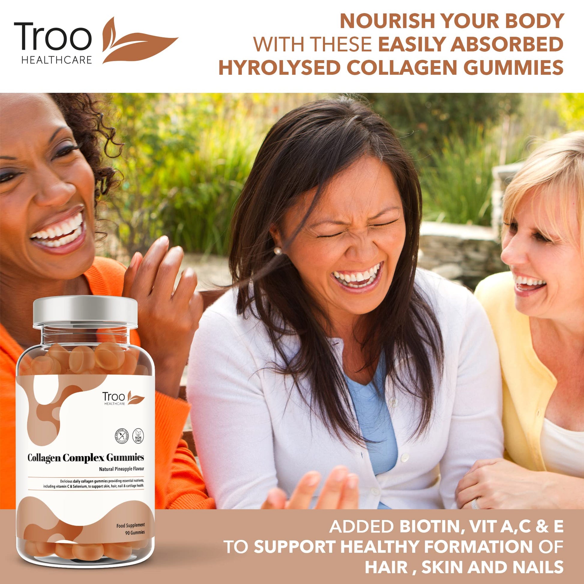 Hydrolysed Collagen Complex - 90 Natural Pineapple Flavour Chewable Gummies - One Per Day with Biotin, Vitamin C and Selenium Troo Health CareAu supplements