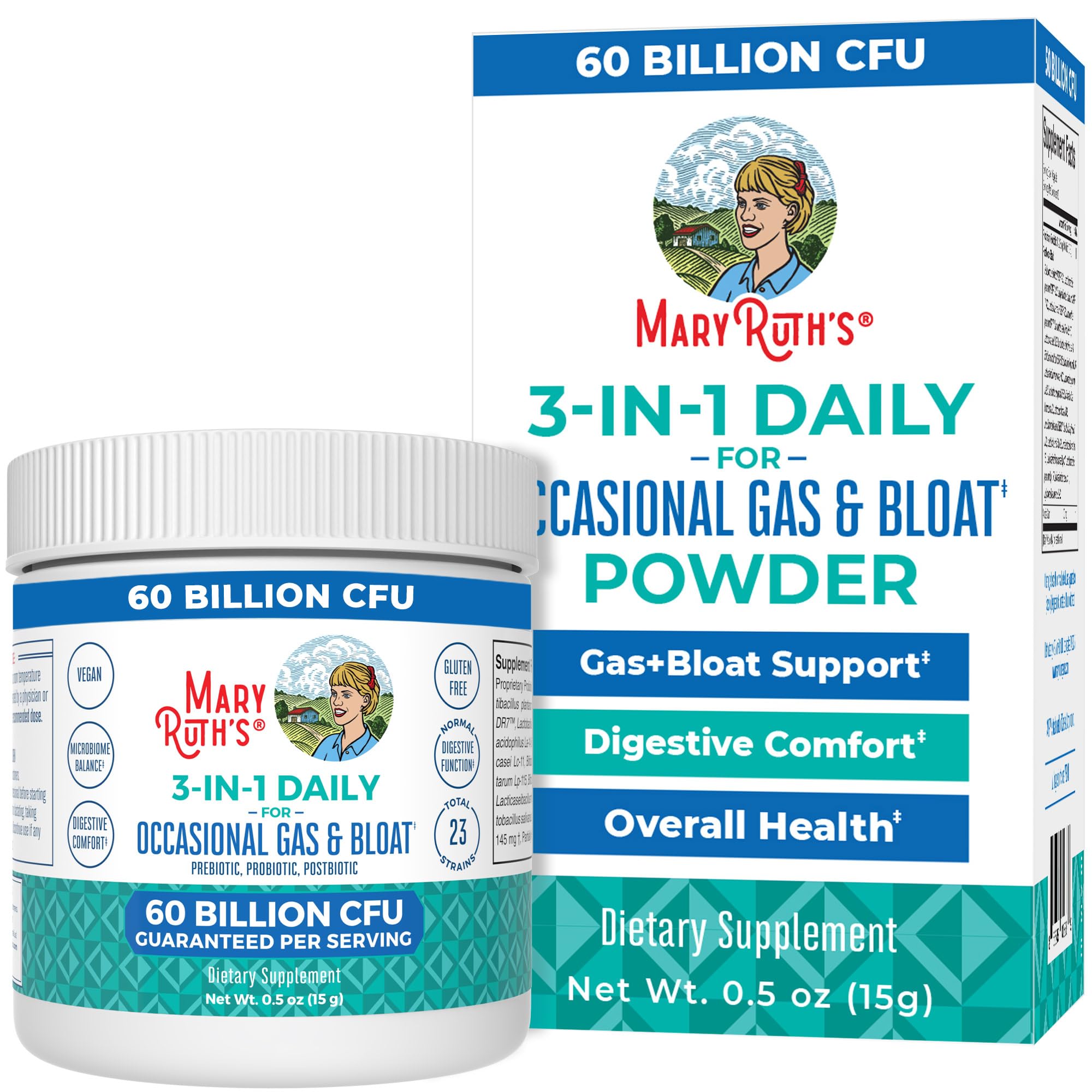 MARYRUTH'S 3-in-1 Gas & Bloat Probiotic Powder | Probiotics for Normal Digestive Function | Probiotics for Women & Men | Prebiotics & Postbiotics | 60 Billion CFU | 23 Unique Strains | 0.5 oz MARYRUTH'SAu supplements