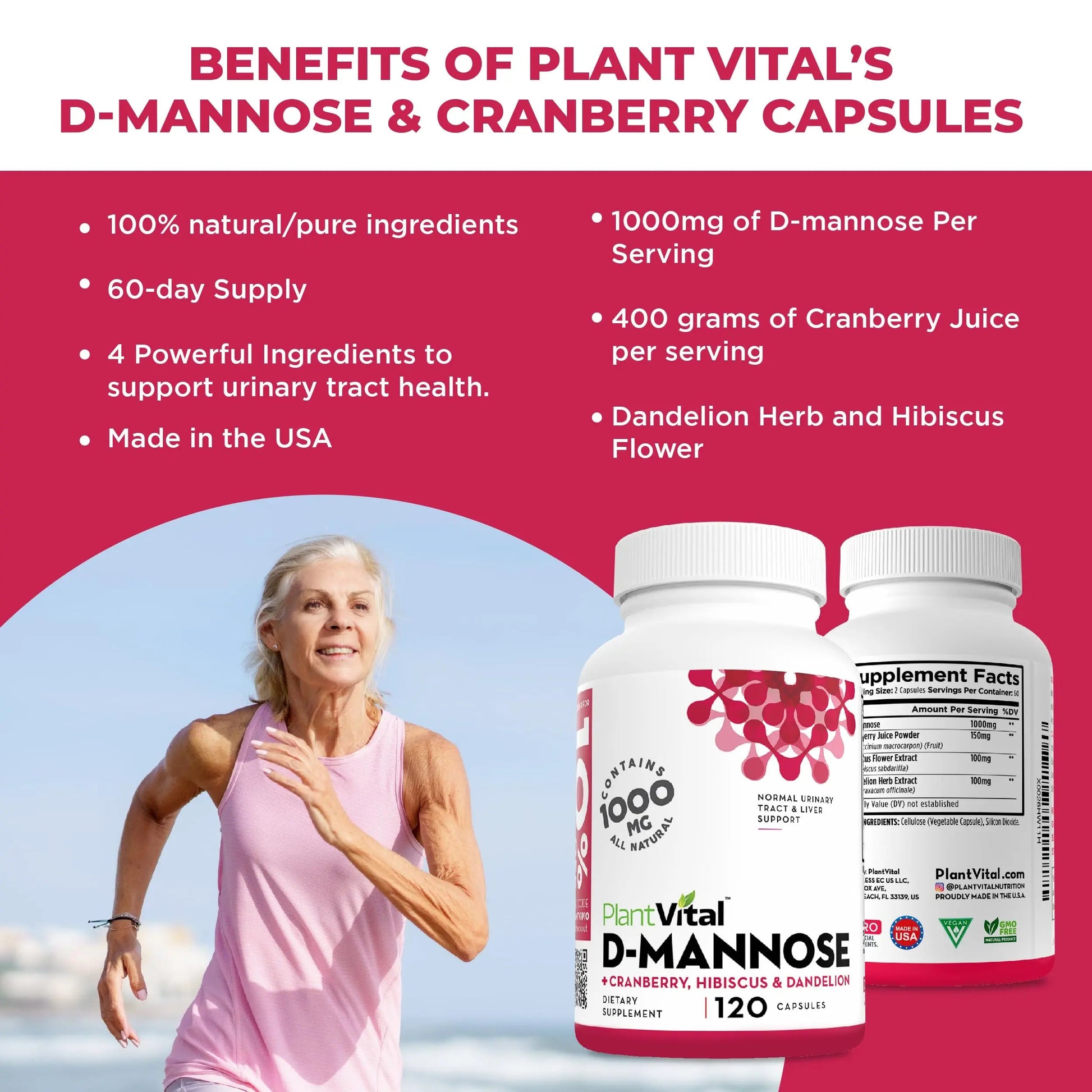 Plantvital D Mannose Capsules with Cranberry - D-mannose 1000mg Capsules - High Potency for Bladder, Kidney and Urinary Tract Support. Cranberry Powder with Hibiscus and Dandelion. 2 Months Supply PlantvitalAu supplements