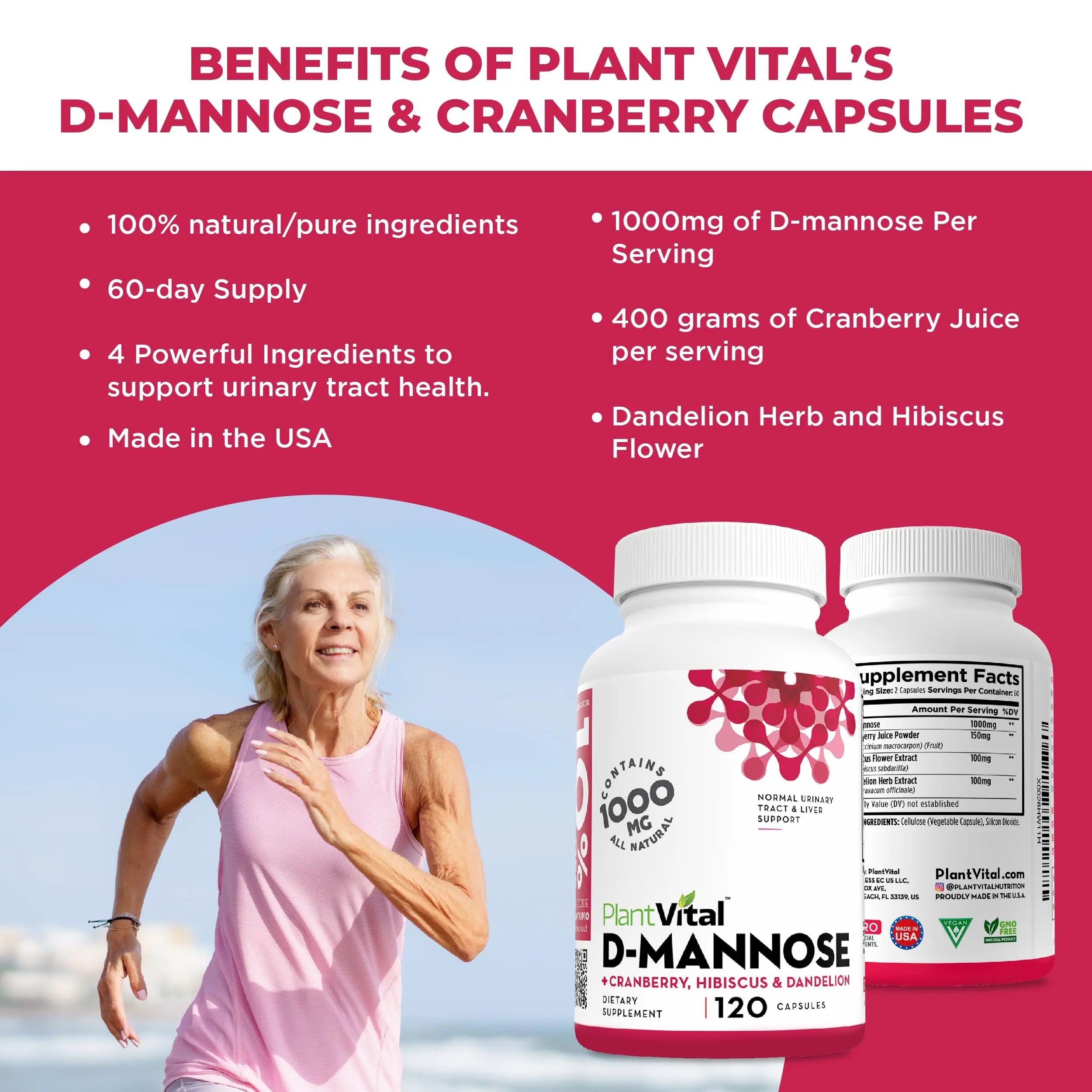 Plantvital D Mannose Capsules with Cranberry - D-mannose 1000mg Capsules - High Potency for Bladder, Kidney and Urinary Tract Support. Cranberry Powder with Hibiscus and Dandelion. 2 Months Supply PlantvitalAu supplements