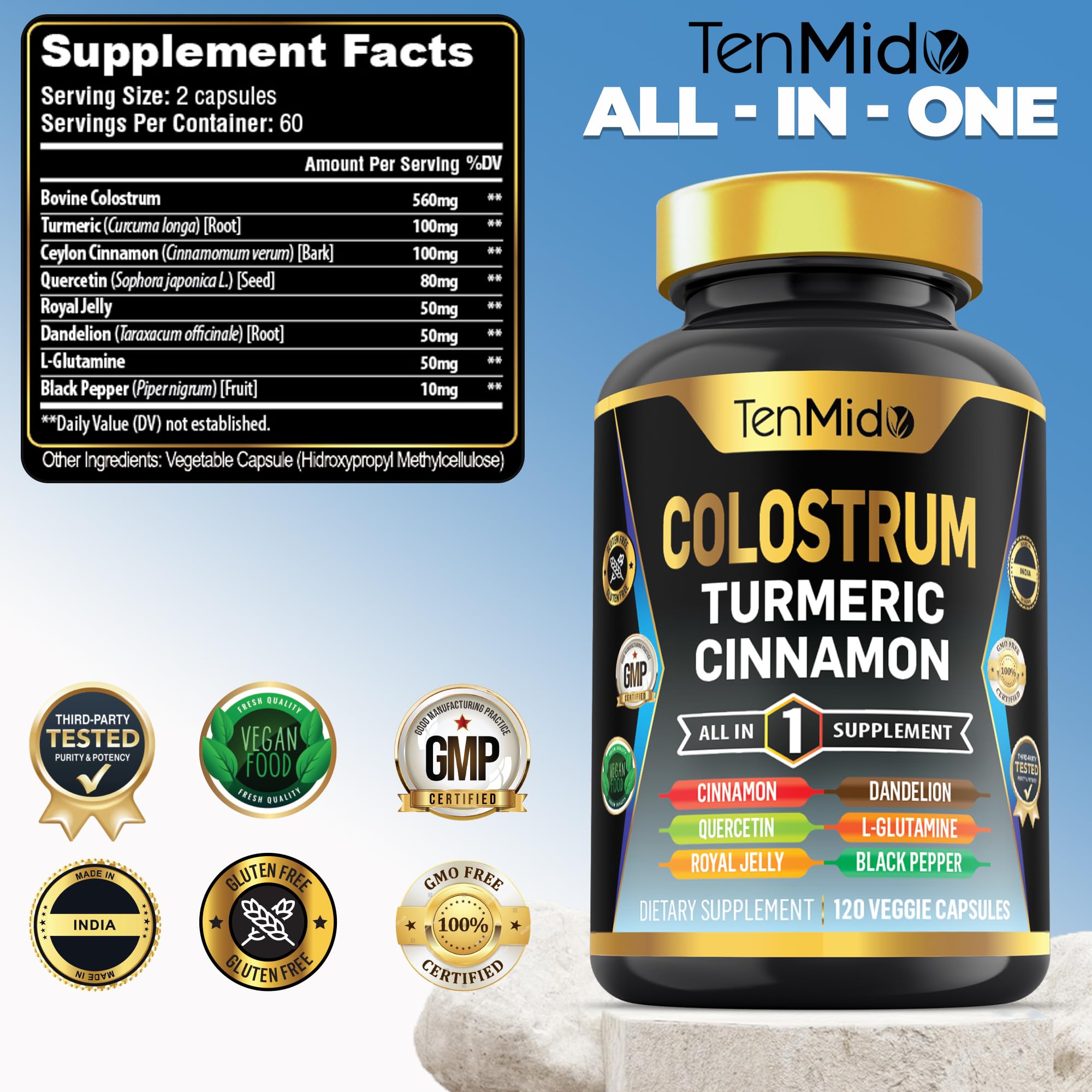 Tenmido Colostrum Supplement - 8in1 Formula - Combine with Turmeric, Ceylon Cinnamon, Quercetin, Royal Jelly, Dandelion, L- Glutamine, and Black Pepper - Digestive Health Support - 120 Capsules TenmidoAu supplements