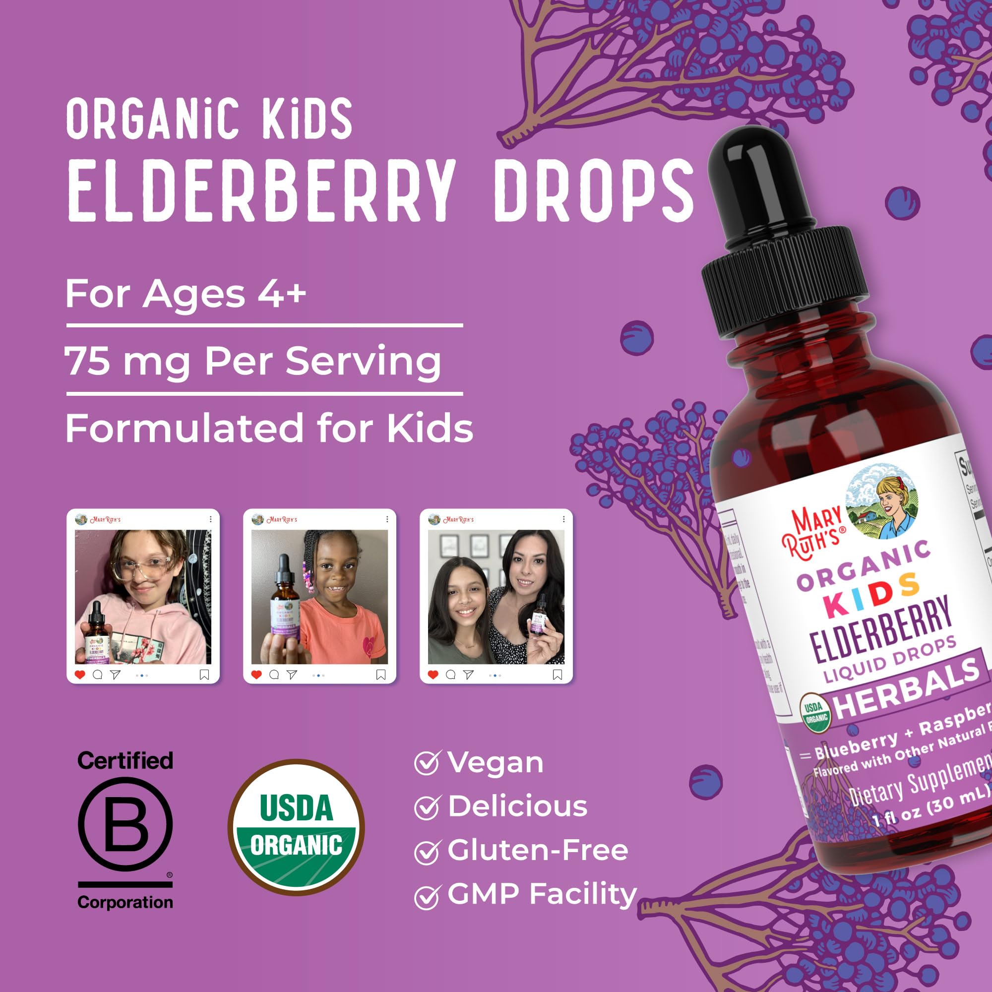 MaryRuth Organics USDA Organic Elderberry Liquid Drops for Kids | Vegan Elderberry Extract Organic Glycerin | Immune Support Supplement | Overall Health | Formulated for Ages 4-13 | 1oz MARYRUTH'SUS supplements
