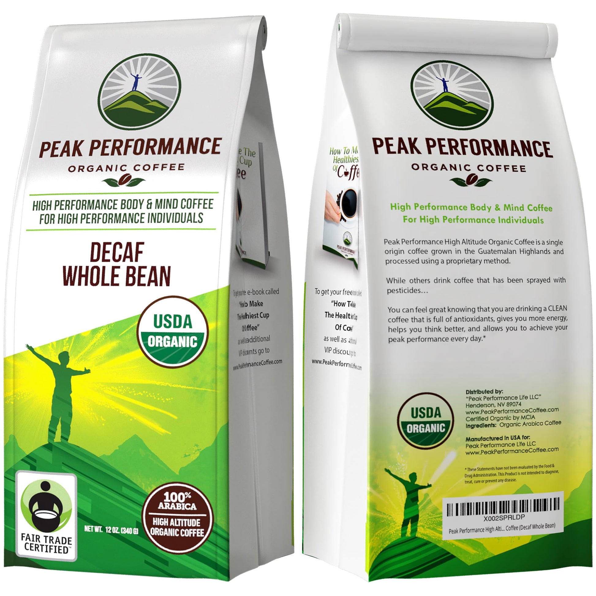 Peak Performance High Altitude Organic Decaf Coffee - Fair Trade, Low Acid, Non GMO, Beans Full of Antioxidants - Medium Roast Smooth Tasting USDA Certified Organic Decaffeinated Whole Bean 12 oz Peak PerformanceAu supplements