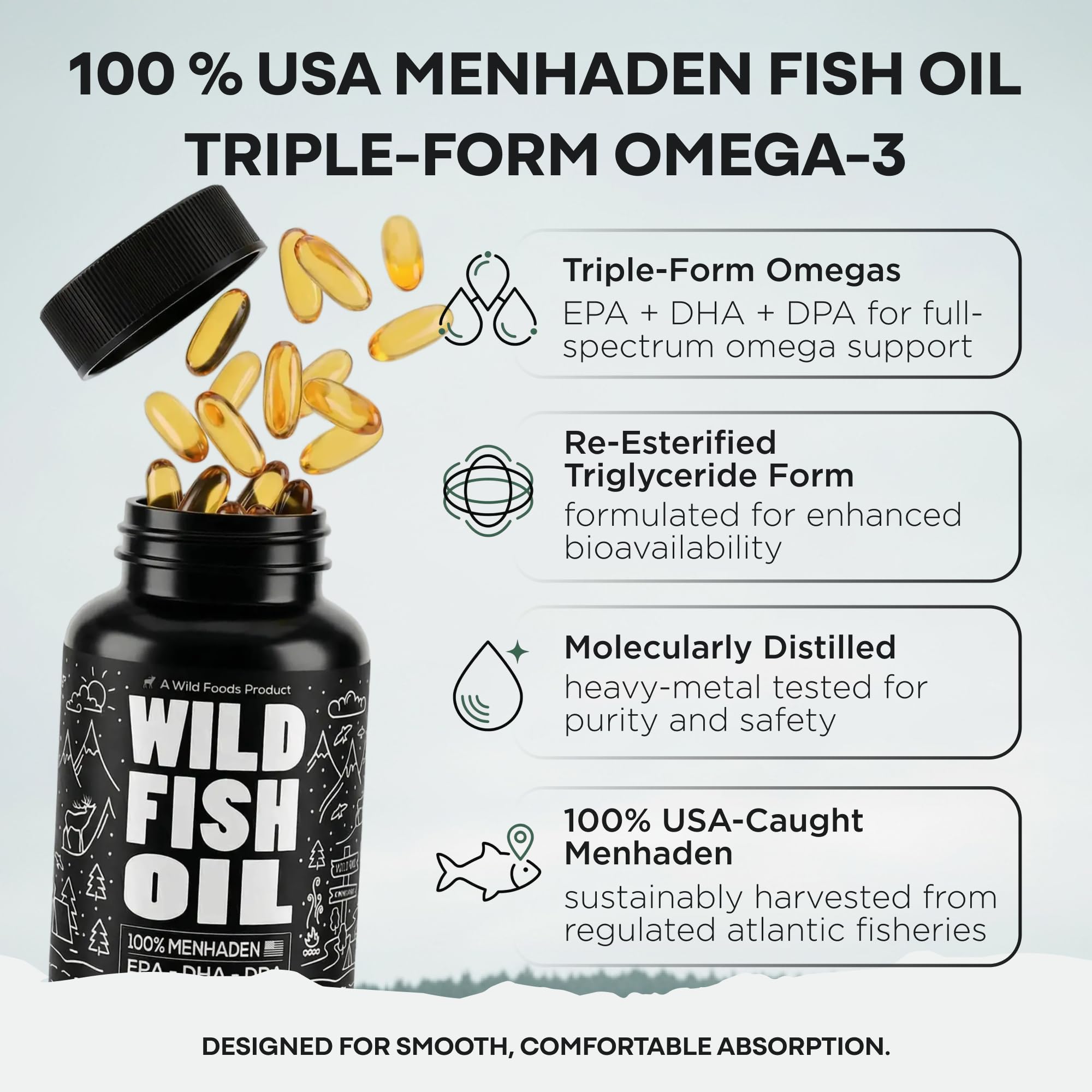 Wild Foods Omega 3 Fish Oil Supplement, 120 Capsules (1 pk) | Wild Caught, Burpless, Odorless, Non-GMO, Gluten Free | DPA, DHA, EPA Triple Strength Heart & Joint Nutrition for Women & Men Wild FoodsAu supplements