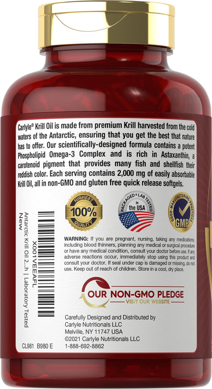 Carlyle Antarctic Krill Oil 2000 mg 120 Softgels | Omega-3 EPA, DHA, with Astaxanthin CarlyleUS supplements