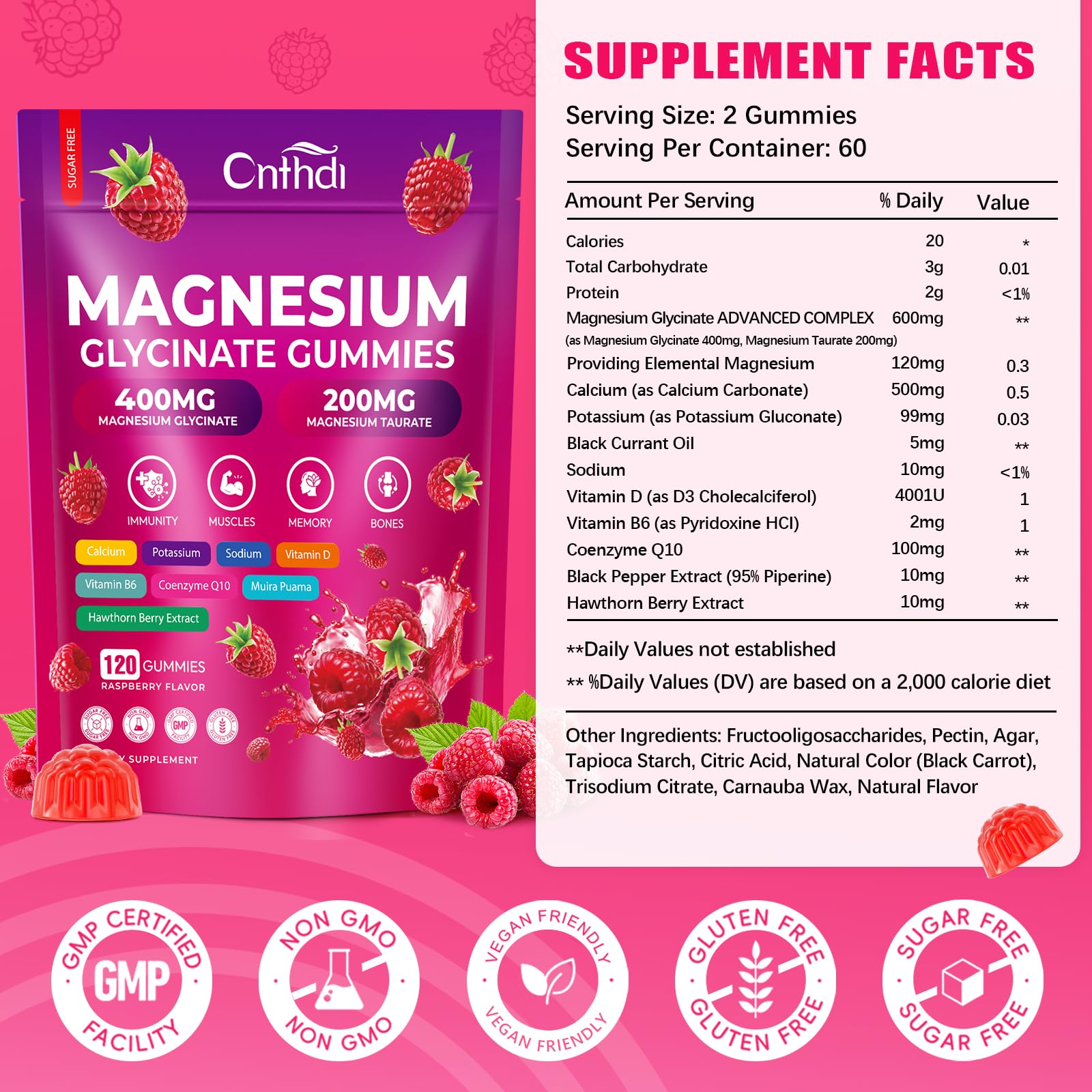 CNFHDI Magnesium Glycinate Gummies 600mg, 120 Counts Chews Sugar Free Magnesium Gummies for Adults & Kids with Calcium, Zinc & CQ10, Potassium Supplements for Zzz, Brain, Muscle & Relax CNFHDIAu supplements