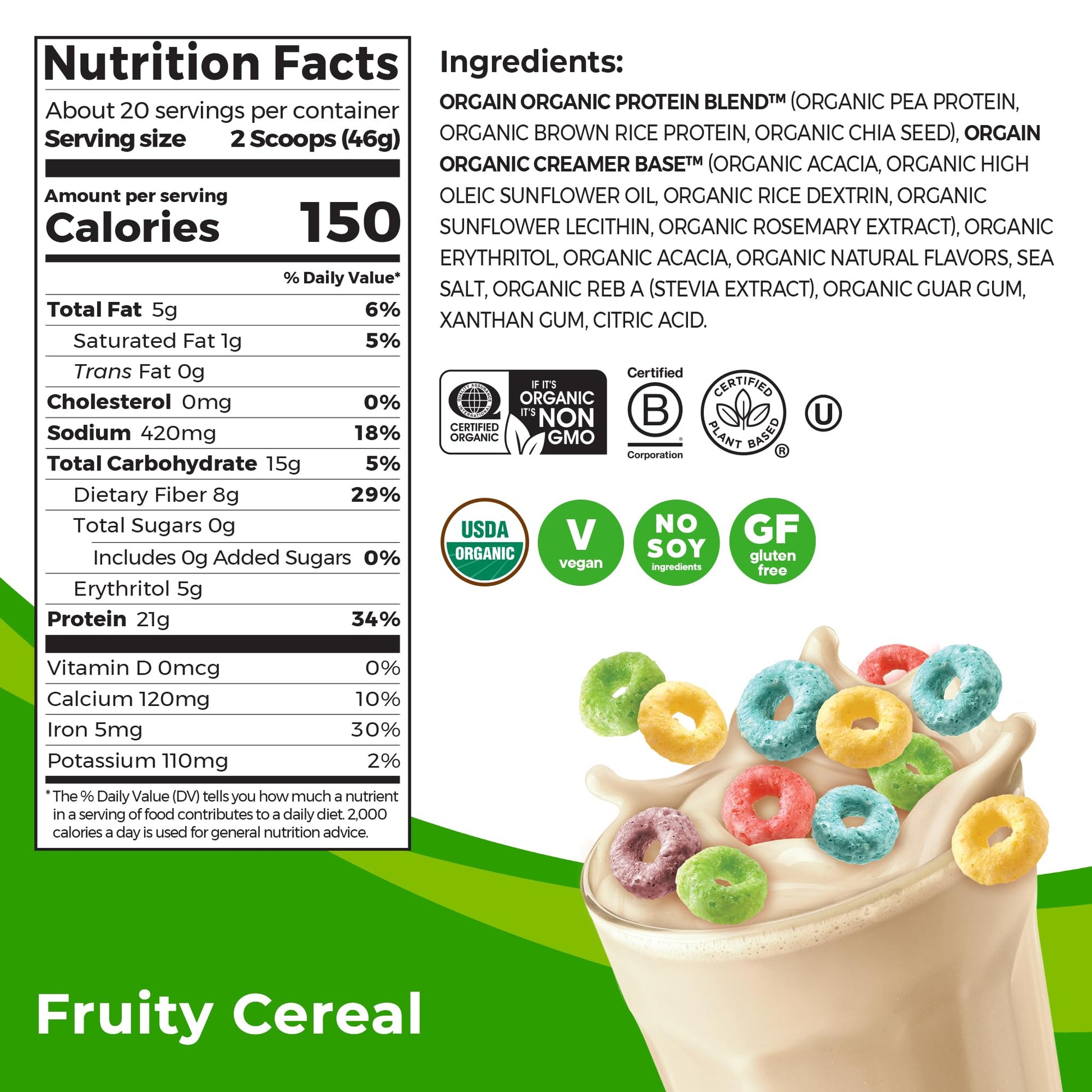Orgain Organic Vegan Protein Powder, Fruity Cereal - 21g Plant Based Protein, Gluten Free OrgainUS supplements