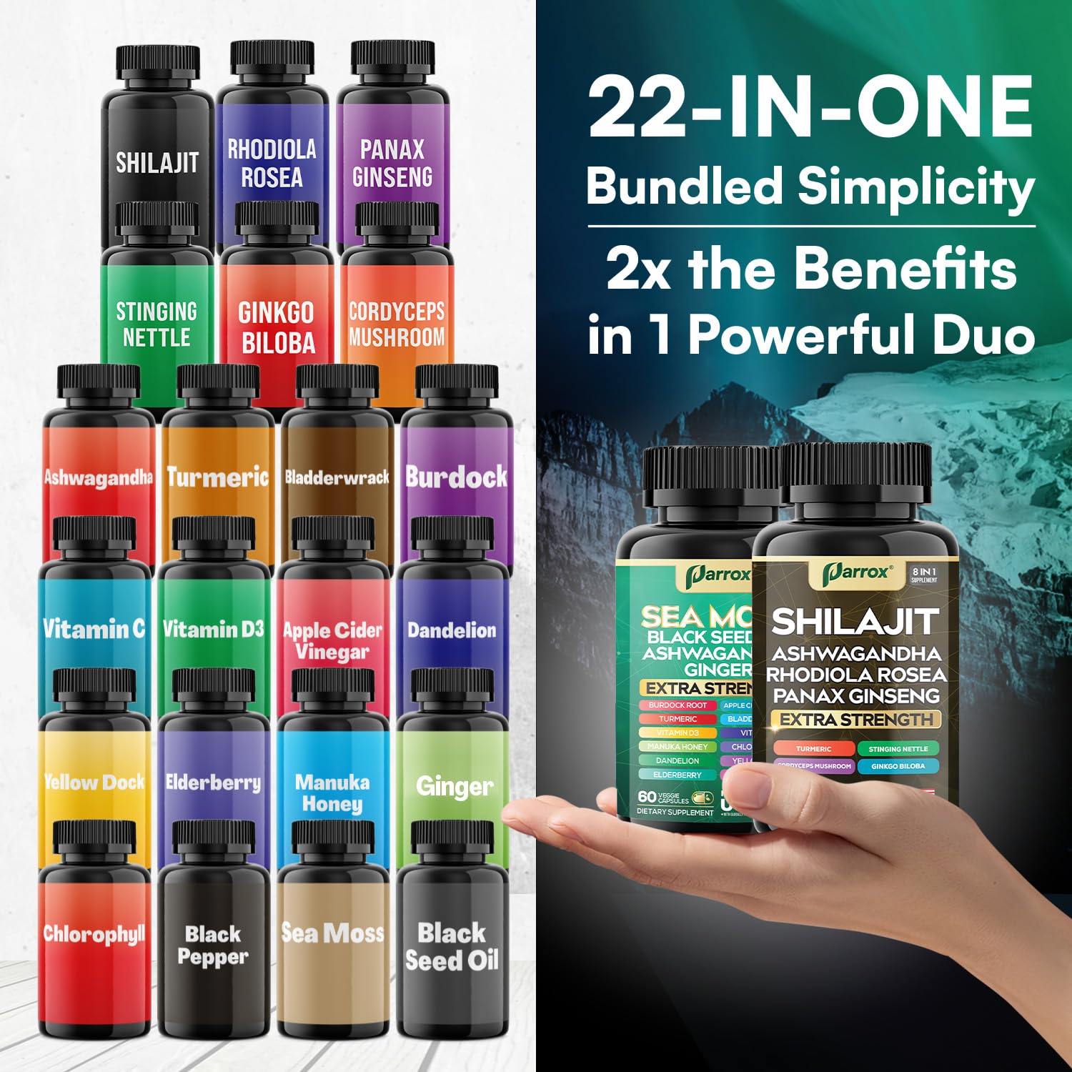 Parrox Shilajit and Sea Moss Bundle, Sea Moss 350mg, Black Seed Oil 200mg, Ashwagandha 100mg, Turmeric, Shilajit 300mg, Rhodiola Rosea 100mg, Panax Ginseng 50mg, Dynamic Vitality Bundle (2 Pack) ParroxAu supplements