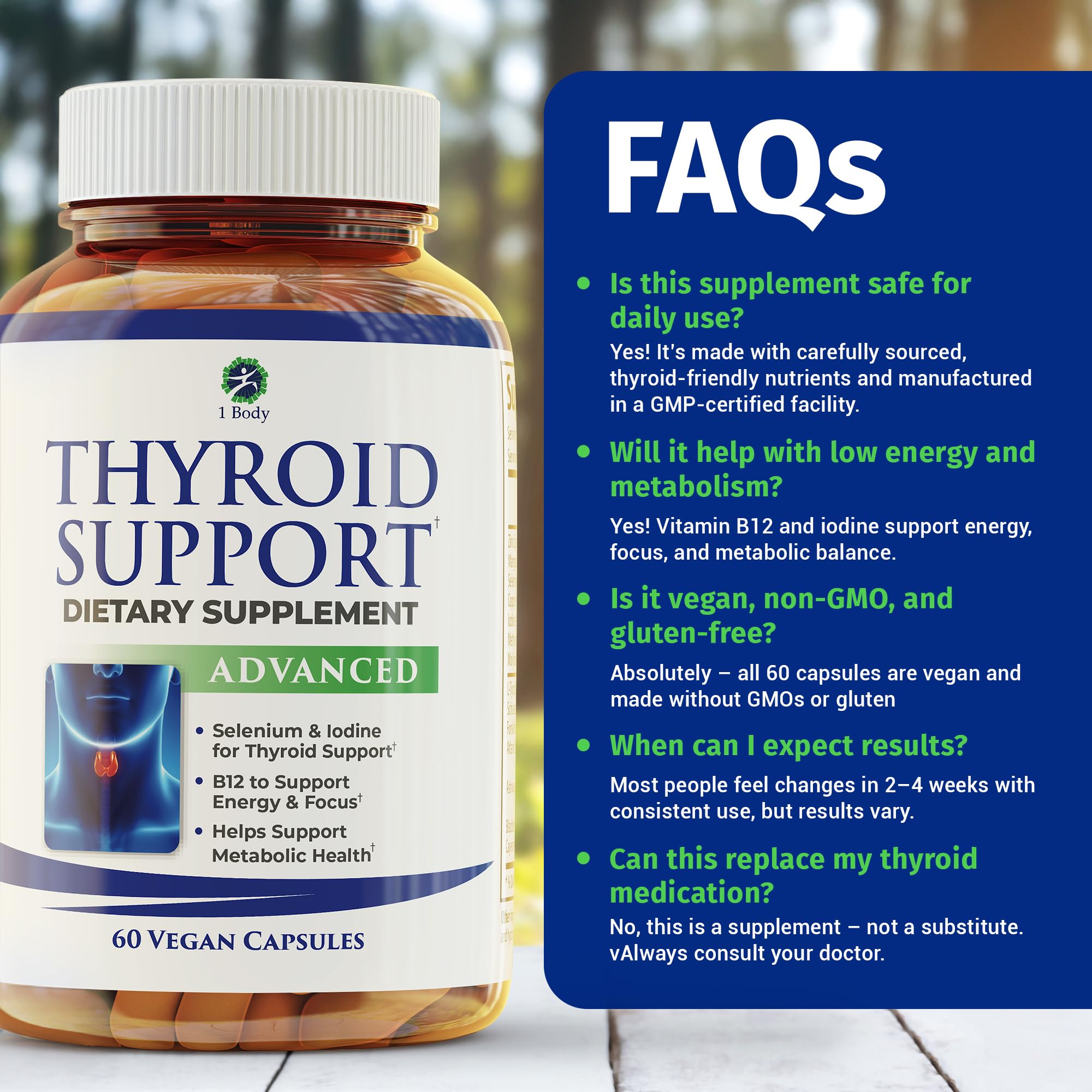 1 Body Thyroid Support Supplement for Women and Men, Selenium with Iodine, Zinc, B12, Ashwagandha and L-Tyrosine, Supports Hormone Health, Energy and Metabolism, 30 Day Supply 1 BodyAu supplements