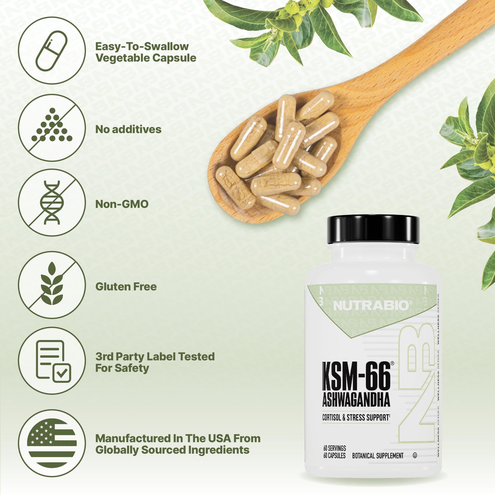 NutraBio Ashwagandha KSM-66 | Ashwagandha Herbal Supplement for Stress, Mood, & Performance | 600 MG of Clinically Studied KSM66 60 Capsules NutraBioAu supplements