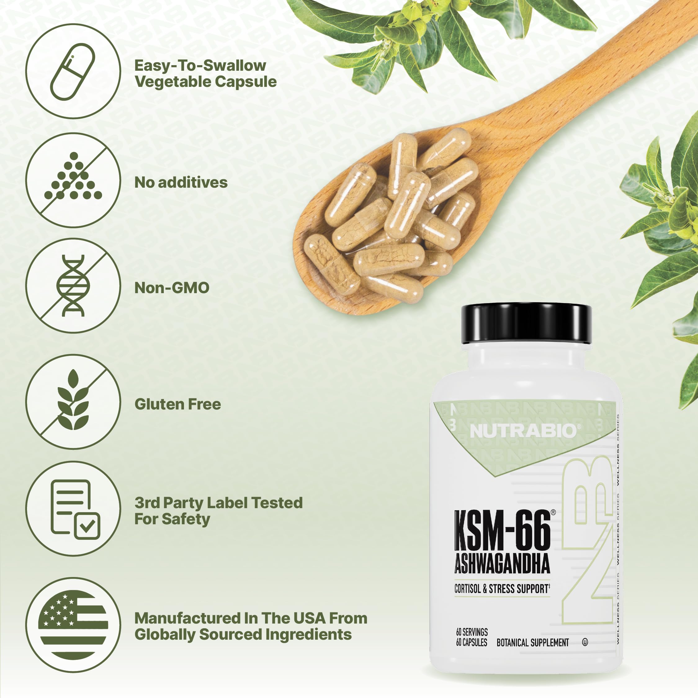 NutraBio Ashwagandha KSM-66 | Ashwagandha Herbal Supplement for Stress, Mood, & Performance | 600 MG of Clinically Studied KSM66 60 Capsules NutraBioAu supplements