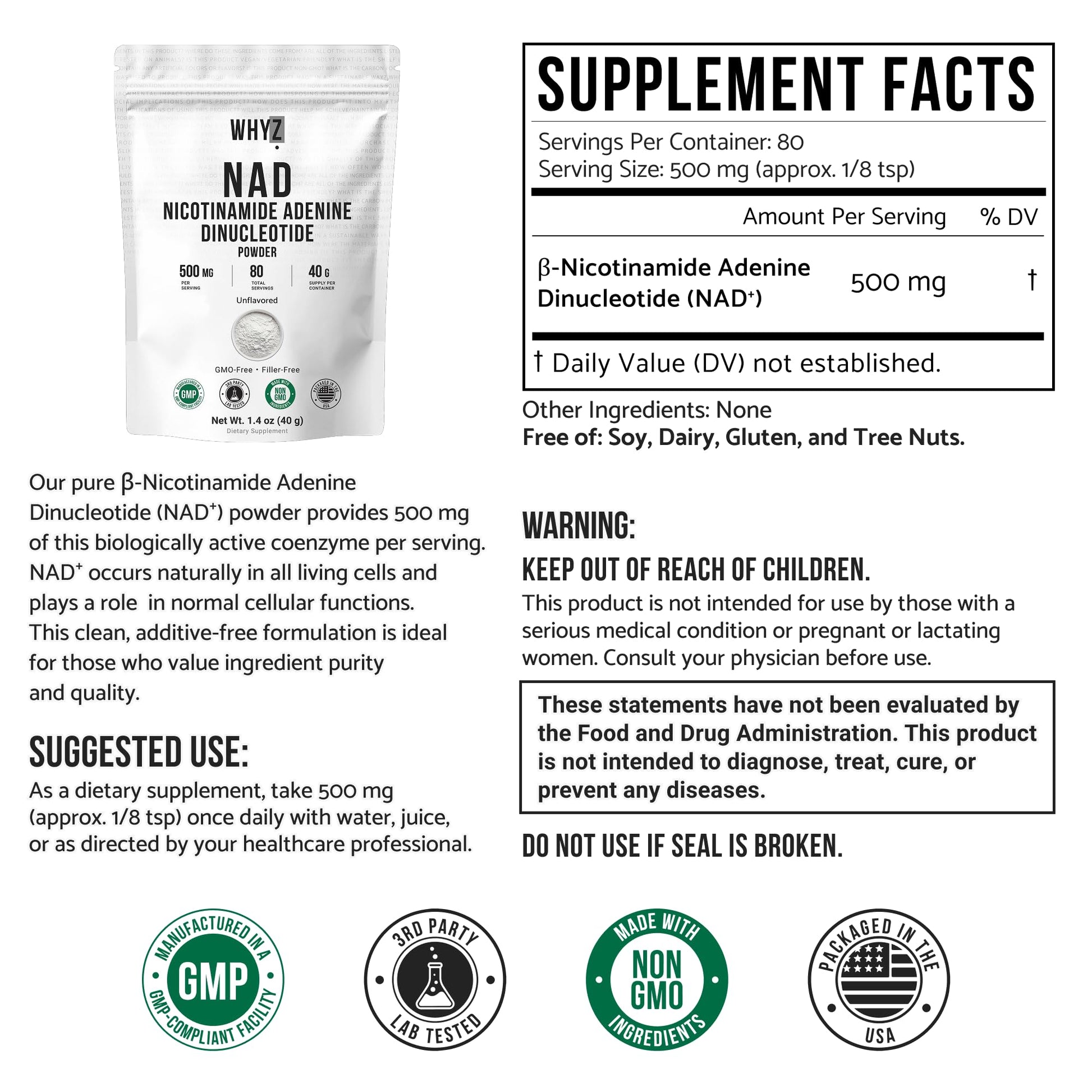 Pure NAD Powder Nicotinamide Adenine Dinucleotide Supplement Unflavored and Gluten-Free Premium Pure NAD Powder for Daily Wellness and Nutrition Support, 40g WHYZAu supplements