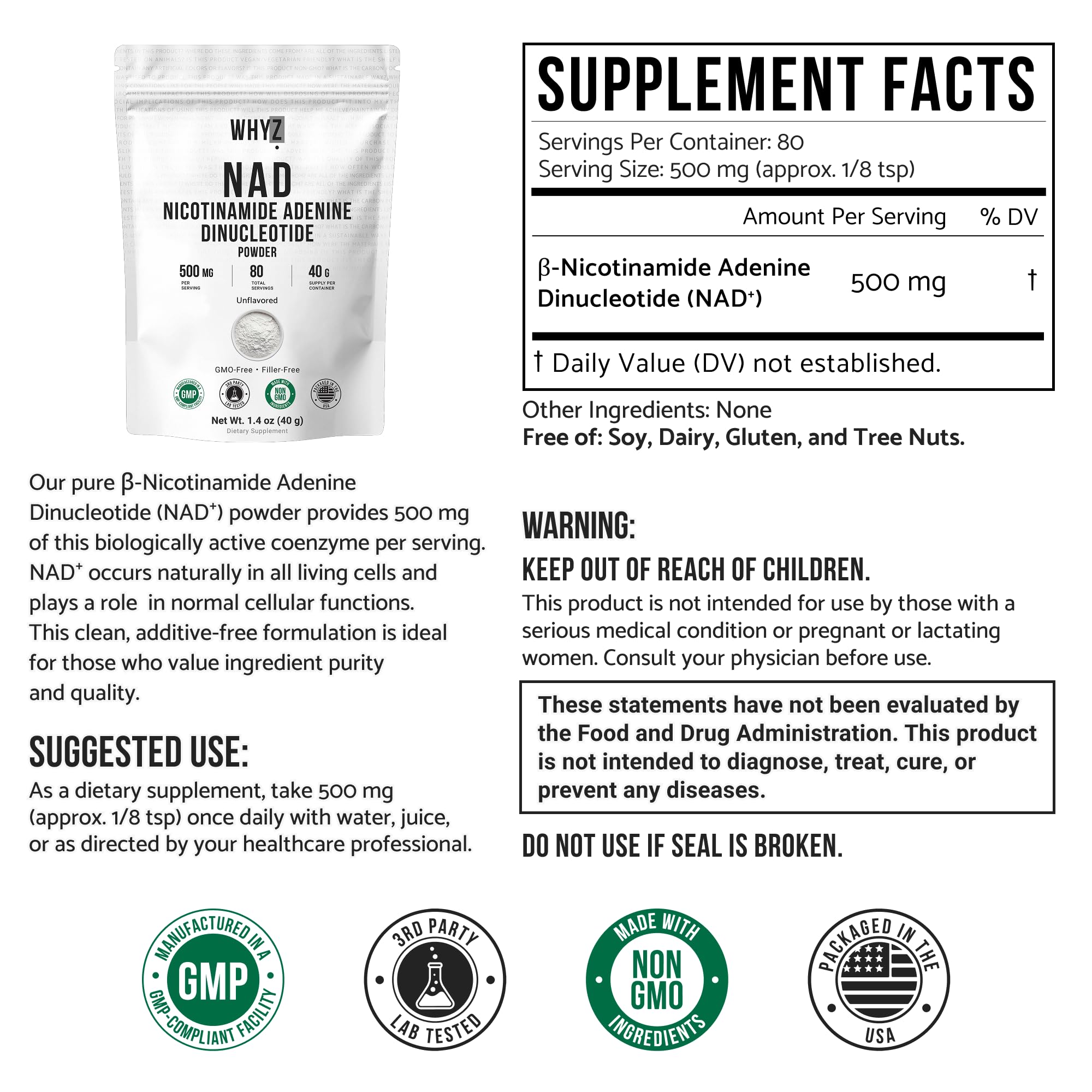 Pure NAD Powder Nicotinamide Adenine Dinucleotide Supplement Unflavored and Gluten-Free Premium Pure NAD Powder for Daily Wellness and Nutrition Support, 40g WHYZAu supplements