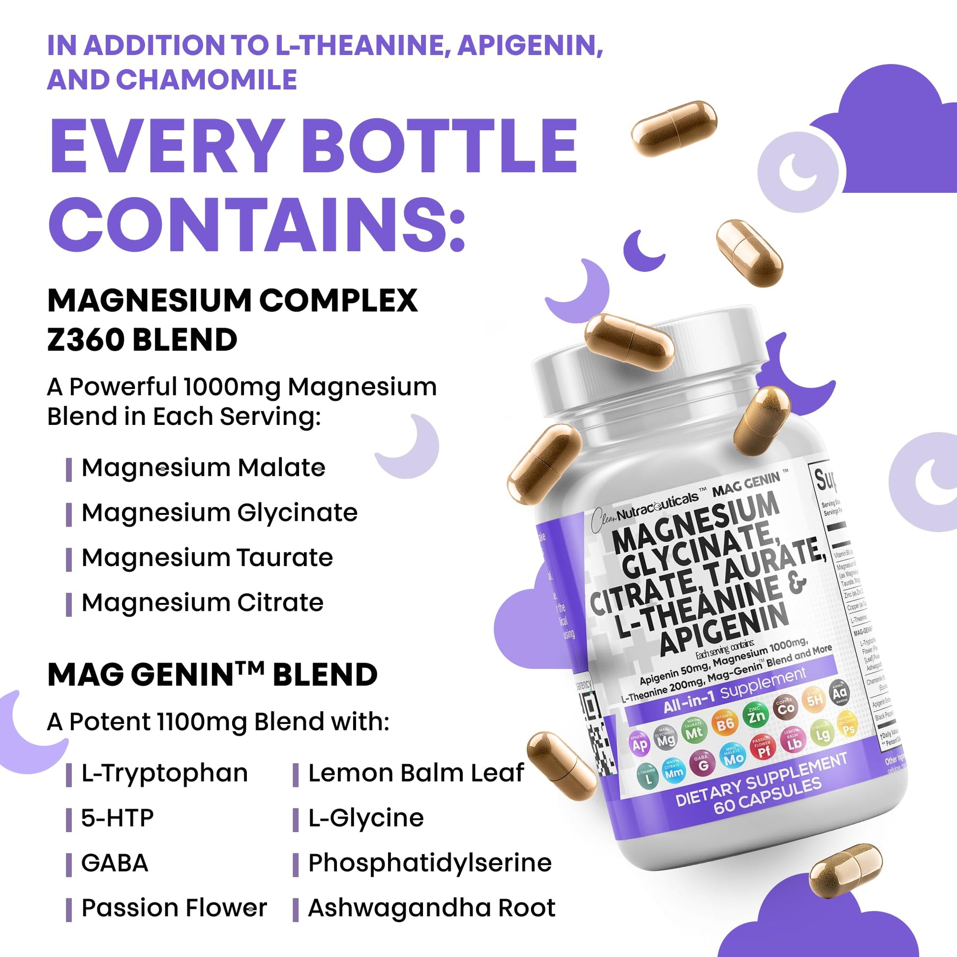 Clean Nutraceuticals Magnesium Glycinate Complex 1000mg with L-Theanine 200mg Apigenin 50mg Citrate Taurate Supplement - 5-HTP GABA Passion Flower Lemon Balm L-Glycine Phosphatidylserine - 60 Count Clean NutraceuticalsAu supplements