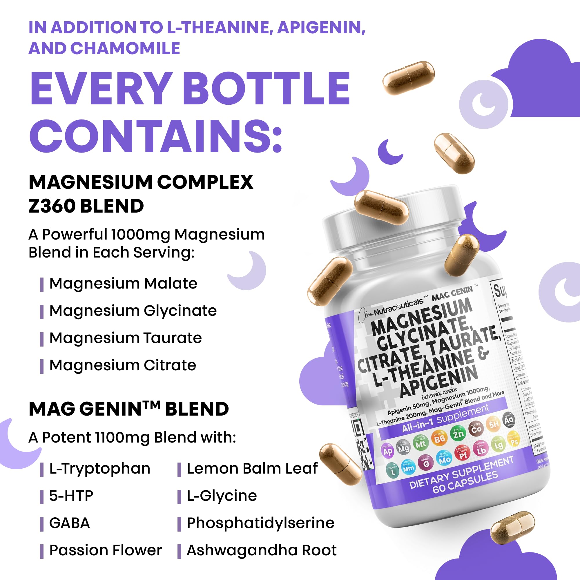 Clean Nutraceuticals Magnesium Glycinate Complex 1000mg with L-Theanine 200mg Apigenin 50mg Citrate Taurate Supplement - 5-HTP GABA Passion Flower Lemon Balm L-Glycine Phosphatidylserine - 60 Count Clean NutraceuticalsAu supplements