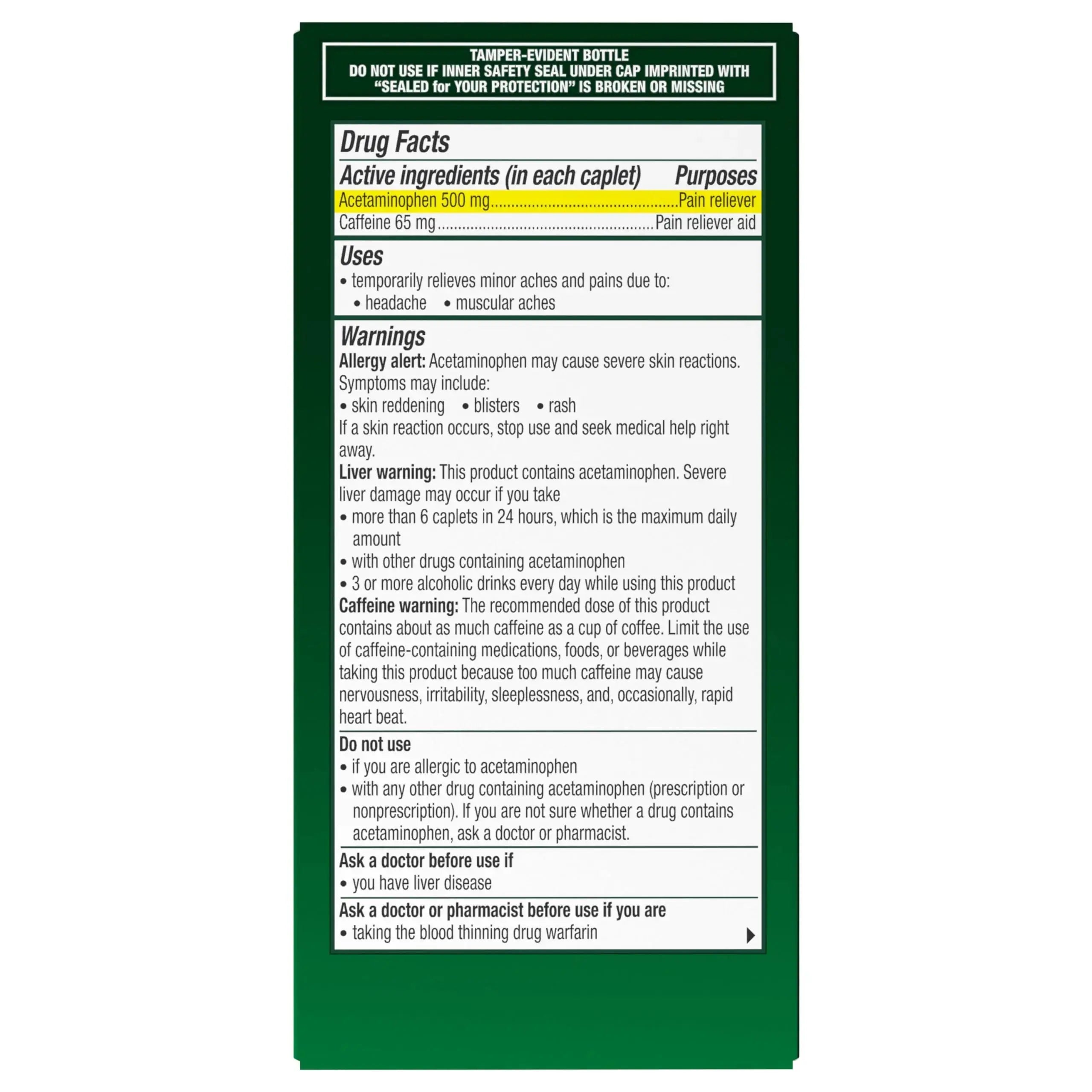 Excedrin Tension Headache Relief Caplets, Acetaminophen 500mg, Caffeine 65mg, Pain Reliever, Aspirin-Free, 100 Count ExcedrinAu supplements