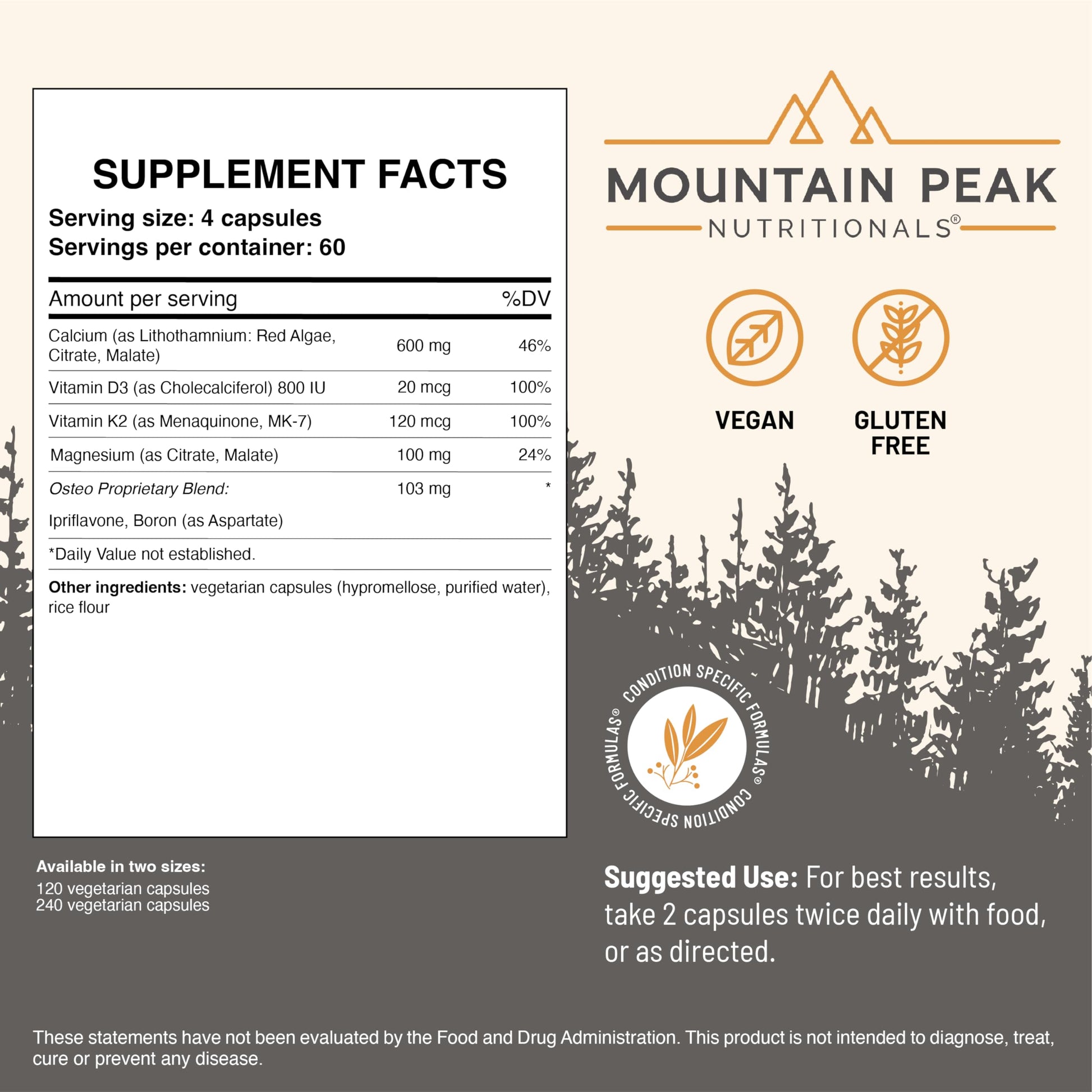 Mountain Peak Nutritionals Osteo Supplement - Organ & Strong Bone Support, Promotes Bone Health - With Vitamins D3, K2, Calcium, and Magnesium - Bone Building & Strengthening (240 Vegetarian Capsules) Mountain Peak NutritionalsAu supplements