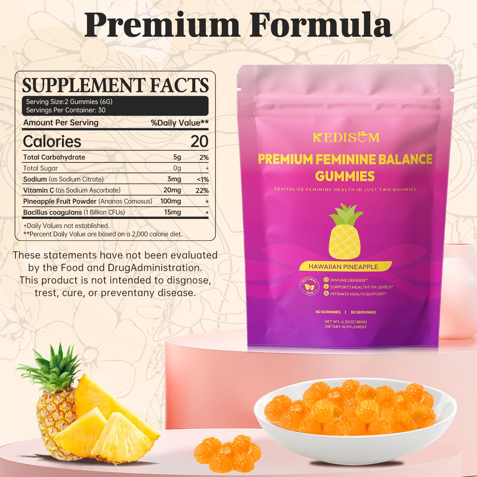 KEDISOM Premium Feminine Balance Gummies - for Women’s Health & Wellness - Immune Support - Vegan, Gluten-Free - Hawaiian Pineapple - 60 Gummies - 30 Servings KEDISOMAu supplements