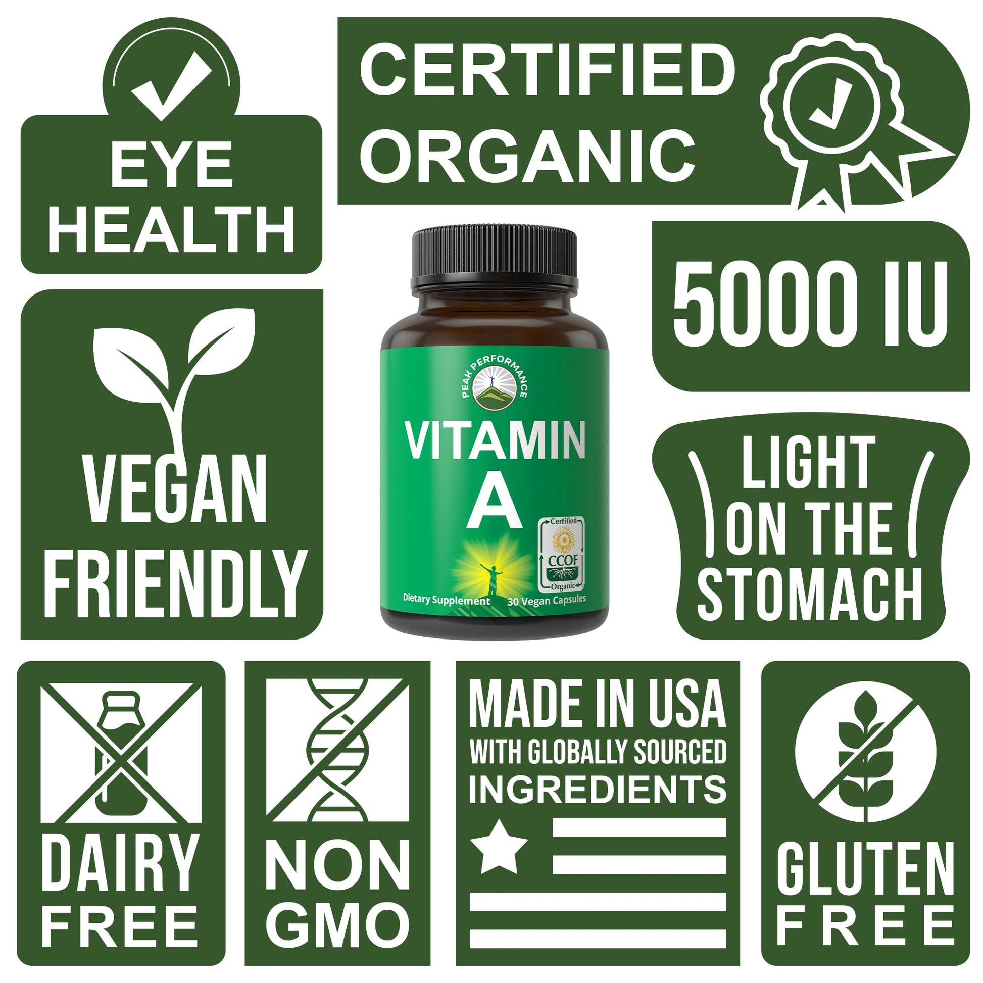 Certified Organic Vitamin A 5000 IU Supplement Capsules High Potency Vitamins. for Adults, Men, Women, Kids. Made with Carrot Juice. Great for Immune, Skin, Eye Support. Non GMO, Vegan Pills Peak PerformanceAu supplements