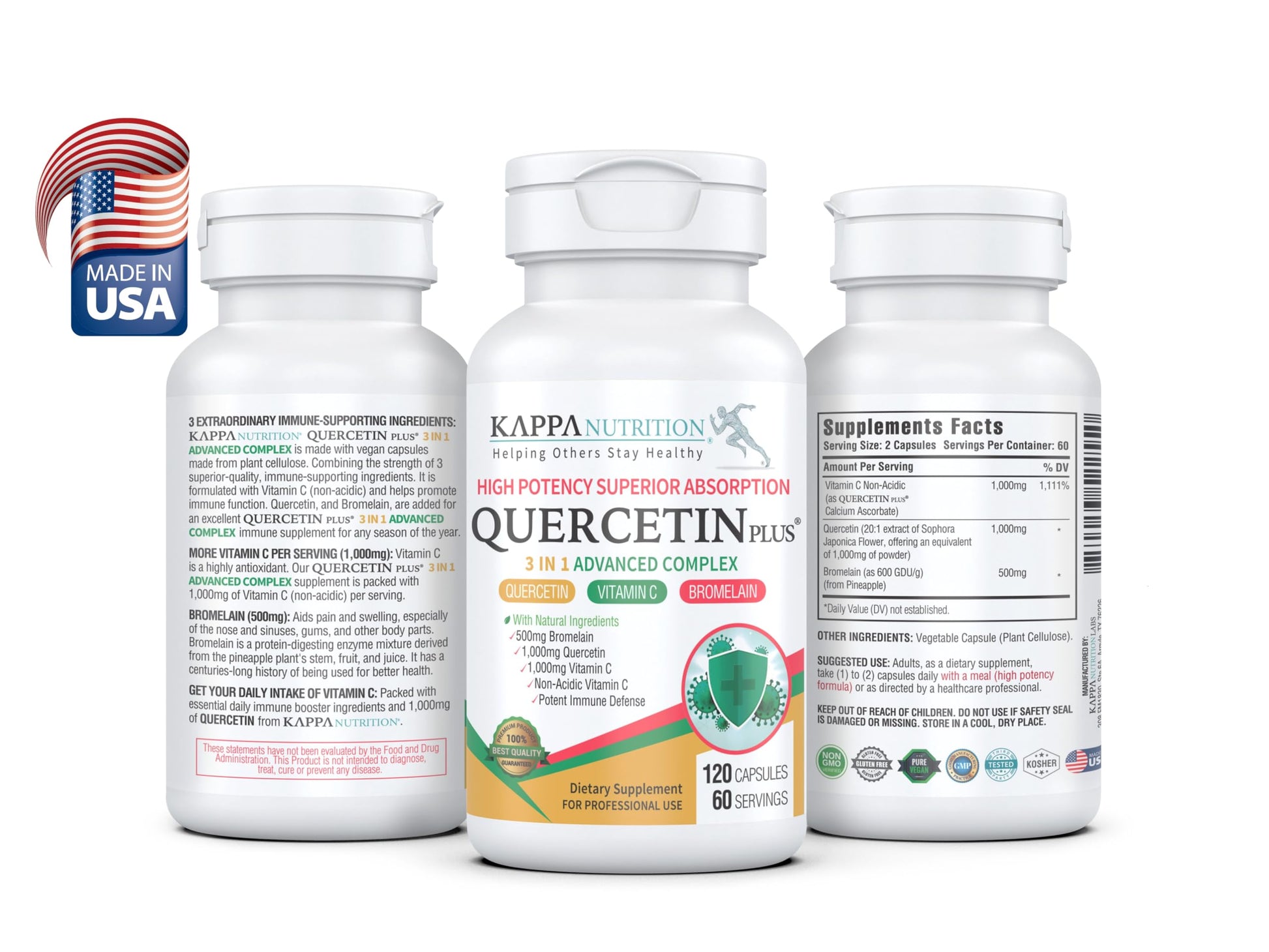QUERCETIN PLUS, Quercetin 1,000mg, Bromelain 500mg and Vitamin C 1,000mg, (120 Capsules), 3 in 1 from Bioflavonoids, Supports Immune, Cardiovascular & Respiratory Health, Seasonal Allergy Relief. KAPPA NUTRITIONAu supplements