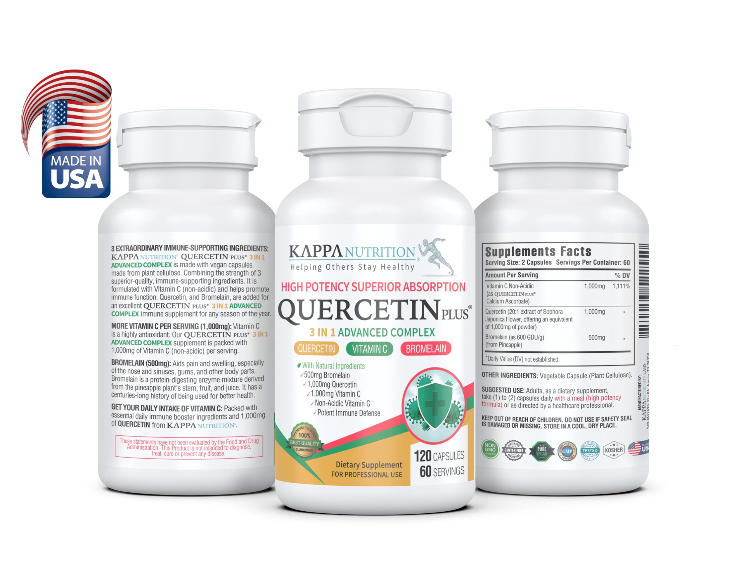 QUERCETIN PLUS, Quercetin 1,000mg, Bromelain 500mg and Vitamin C 1,000mg, (120 Capsules), 3 in 1 from Bioflavonoids, Supports Immune, Cardiovascular & Respiratory Health, Seasonal Allergy Relief. KAPPA NUTRITIONAu supplements