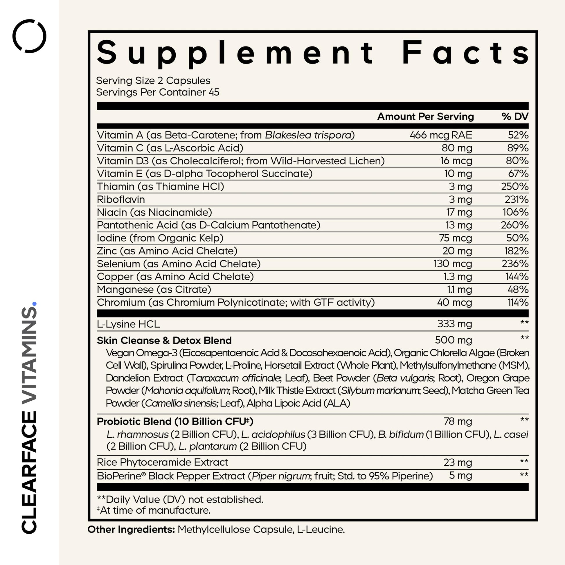 Codeage Clearface Pantothenic Acid, Niacin Supplement, Vitamins A, C, D3, E, Probiotics, Zinc, Riboflavin, Thiamin, L-Lysine HCL & Omega-3, Niacinamide, Skin Botanical Blend - Non-GMO - 90 Capsules CodeageAu supplements