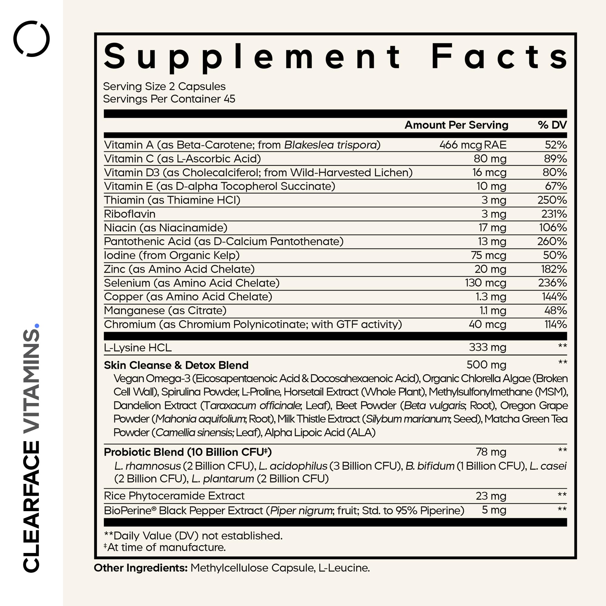 Codeage Clearface Pantothenic Acid, Niacin Supplement, Vitamins A, C, D3, E, Probiotics, Zinc, Riboflavin, Thiamin, L-Lysine HCL & Omega-3, Niacinamide, Skin Botanical Blend - Non-GMO - 90 Capsules CodeageAu supplements