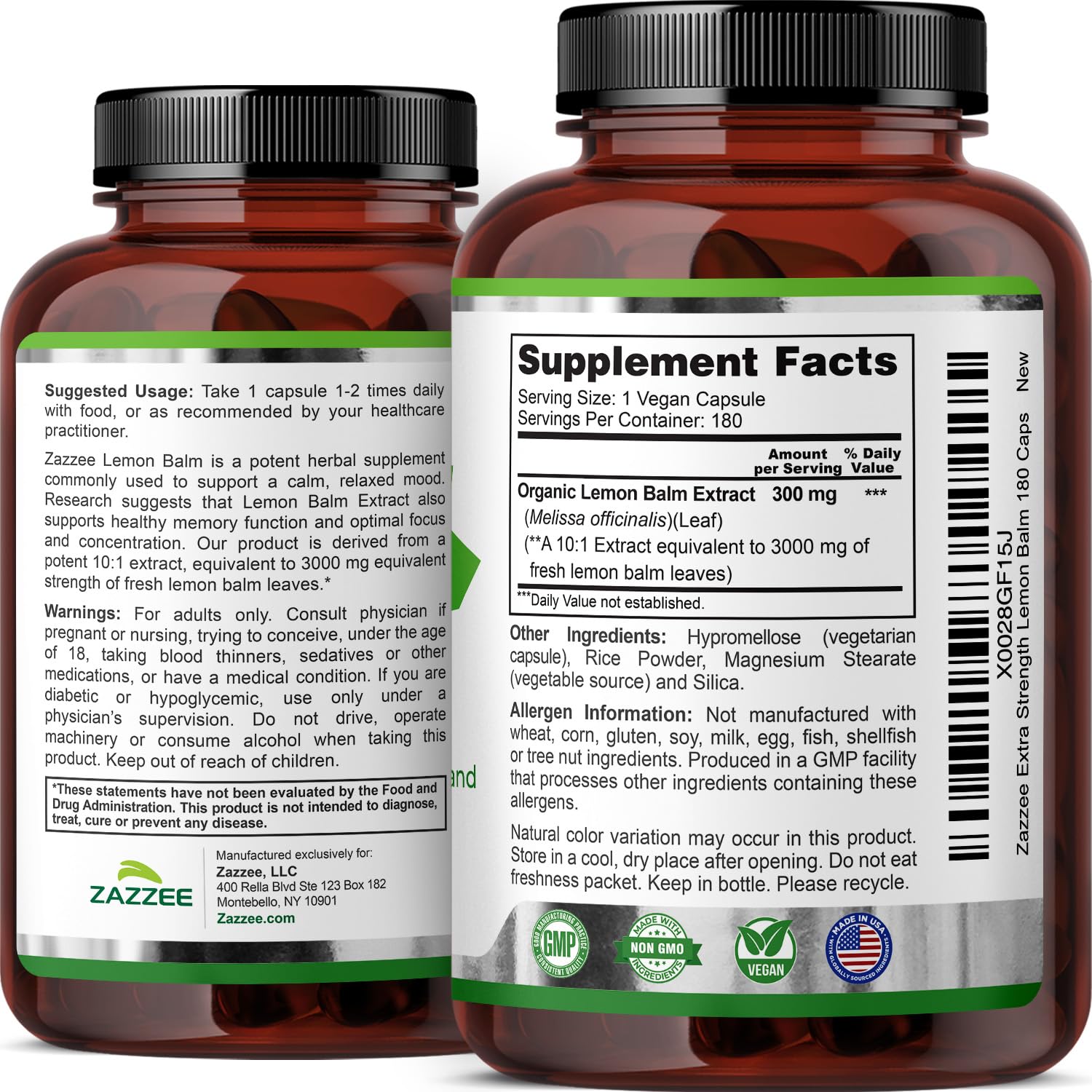 Zazzee Organic Lemon Balm 10:1 Extract, 180 Vegan Capsules, 6 Month Supply, Melissa Officinalis, Calm, Mood, Stress & Relaxation Support, Herbal Supplement, All-Natural, Non-GMO, Made in the USA ZazzeeAu supplements
