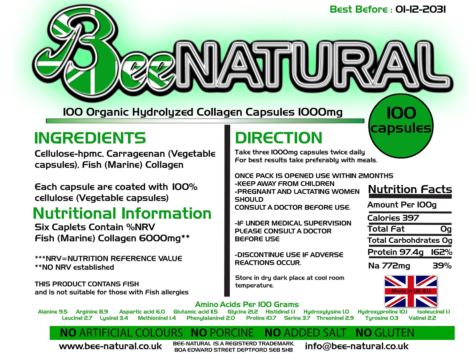 100 Hydrolyzed Collagen Capsules 1000mg Bee-natural Bee-naturalAu supplements