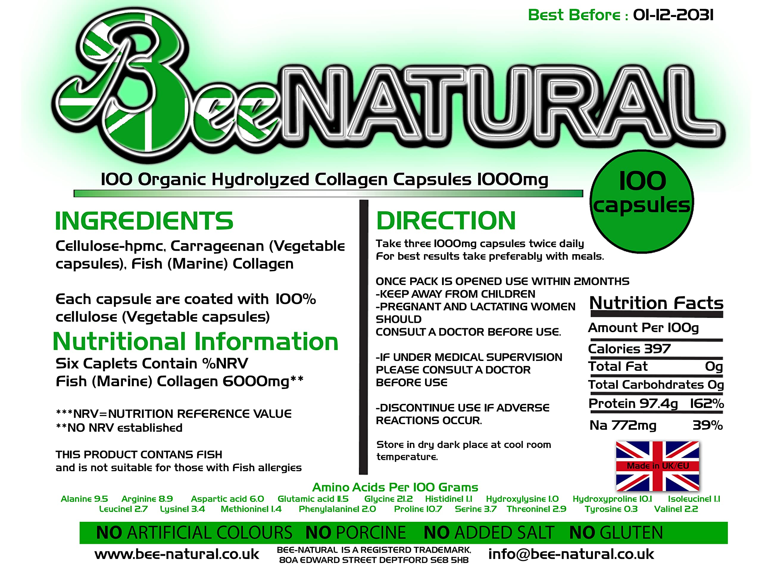 100 Hydrolyzed Collagen Capsules 1000mg Bee-natural Bee-naturalAu supplements