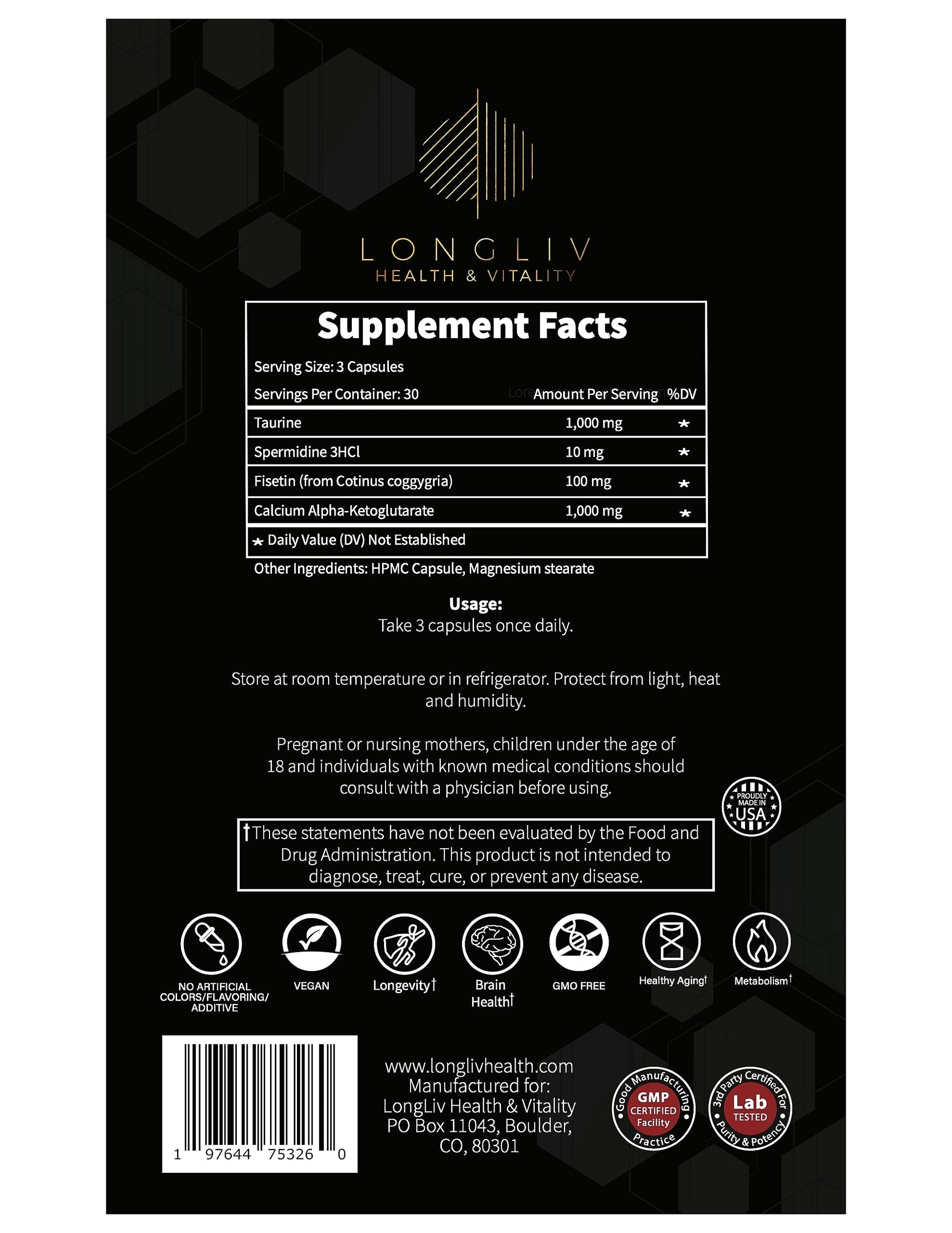 Longevity4Life - Ultimate Cellular Health Supplement - Fisetin, Taurine, Calcium Alpha-Ketoglutarate, and Spermidine Capsules for Longevity and Vitality - Made in USA - Physician Formulated LongLiv Health and VitalityAu supplements