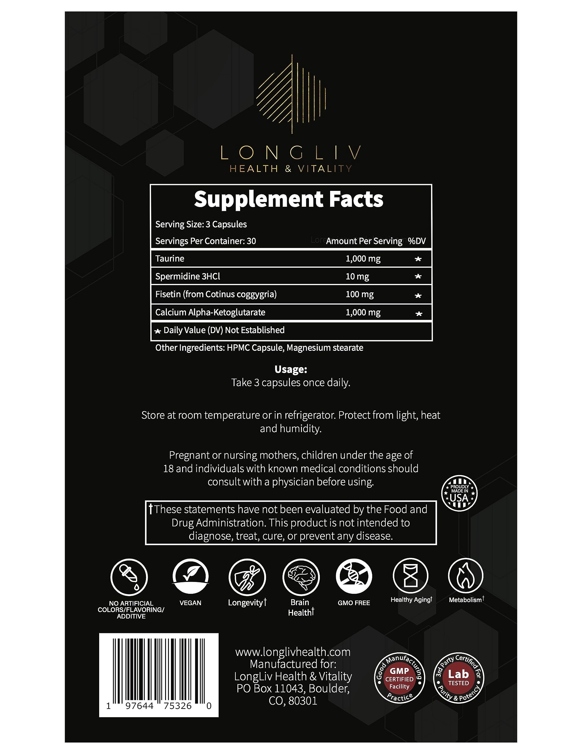 Longevity4Life - Ultimate Cellular Health Supplement - Fisetin, Taurine, Calcium Alpha-Ketoglutarate, and Spermidine Capsules for Longevity and Vitality - Made in USA - Physician Formulated LongLiv Health and VitalityAu supplements