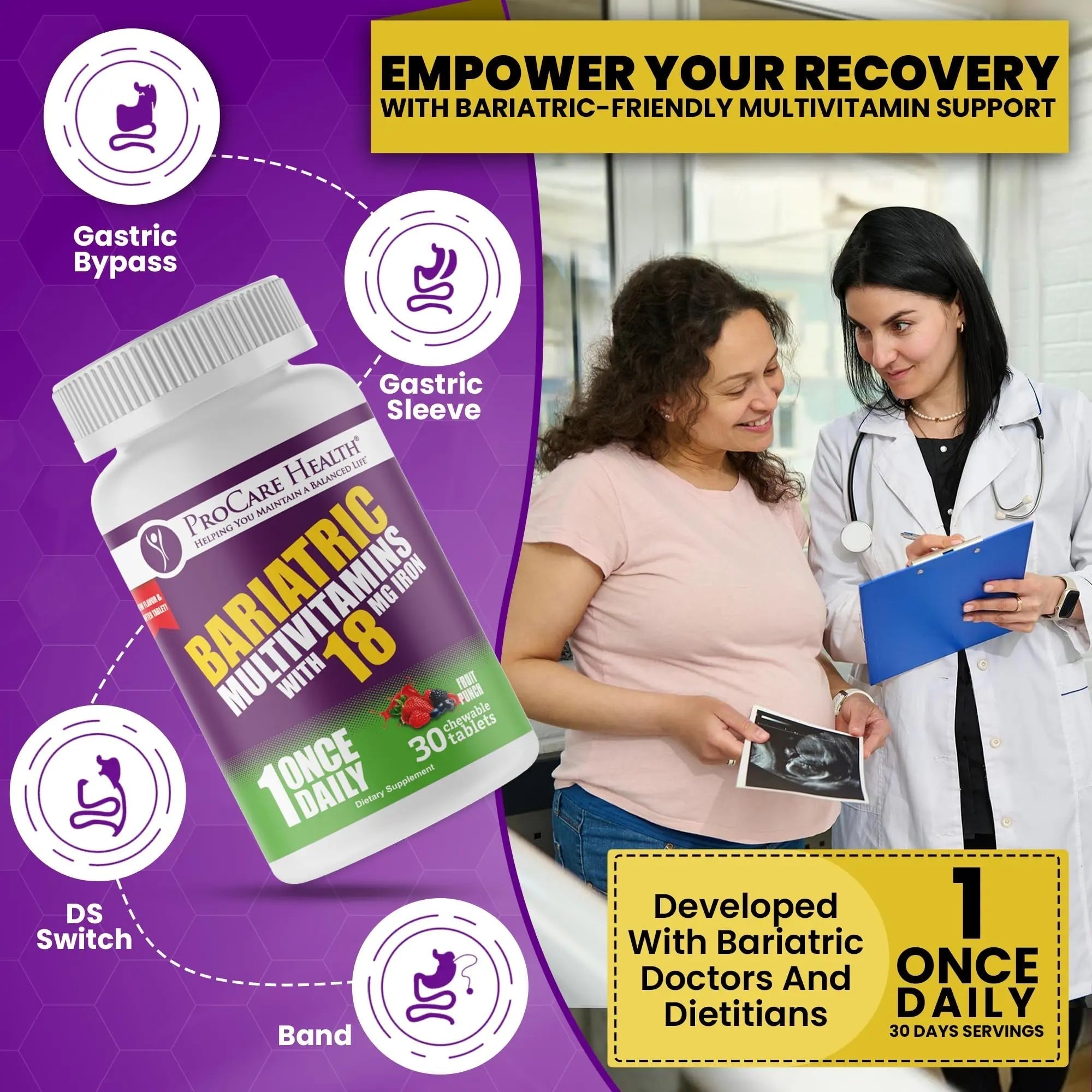ProCare Health Bariatric Chewable Multivitamin with Iron 18mg (30 Tablets) - Fruit Punch Flavor Bariatric Multivitamin Chewable ProCare HealthAu supplements