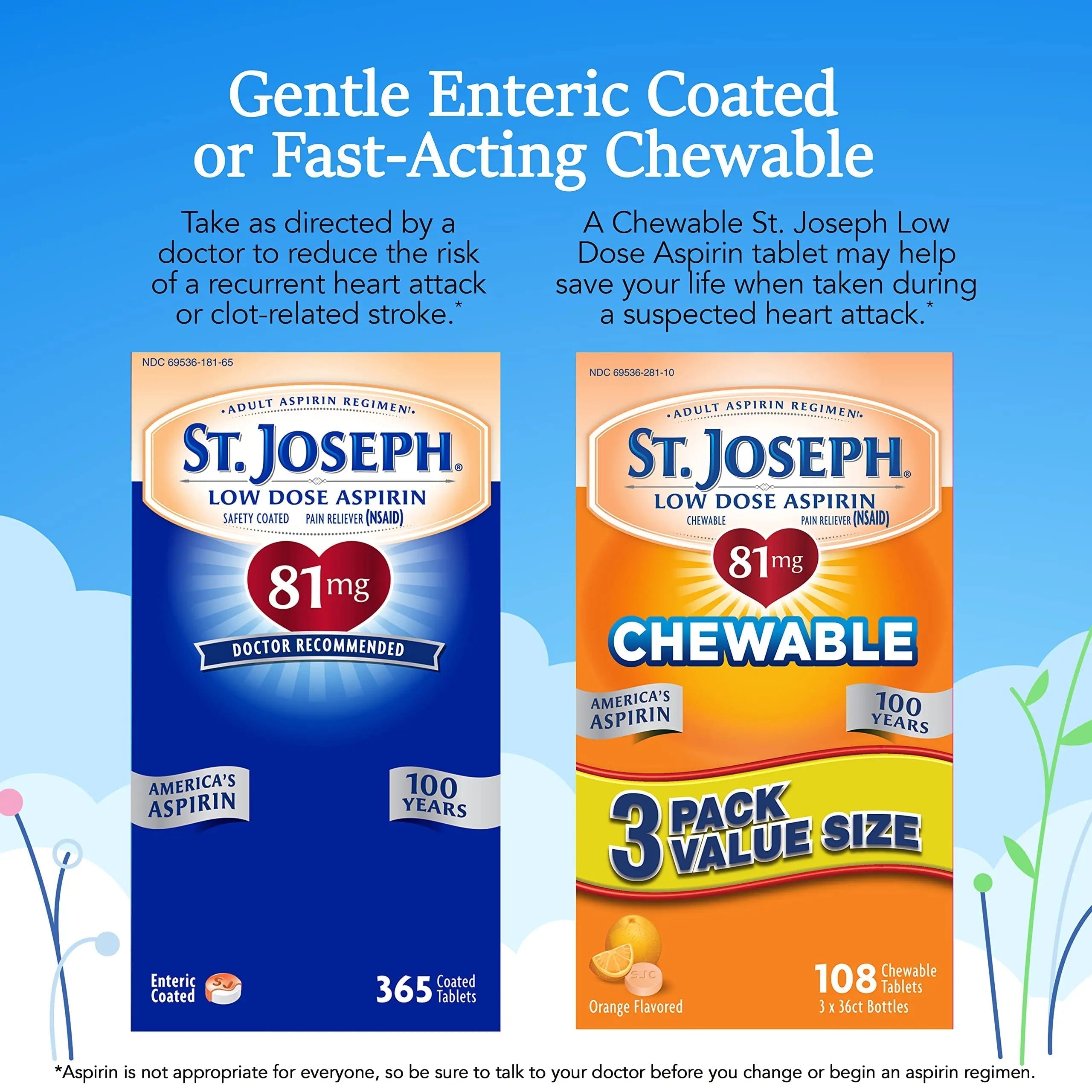 St. Joseph Aspirin Pain Reliever (NSAID) 81mg, Enteric Safety Coated, Adult Low Dose Aspirin, 365 ct St. JosephAu supplements