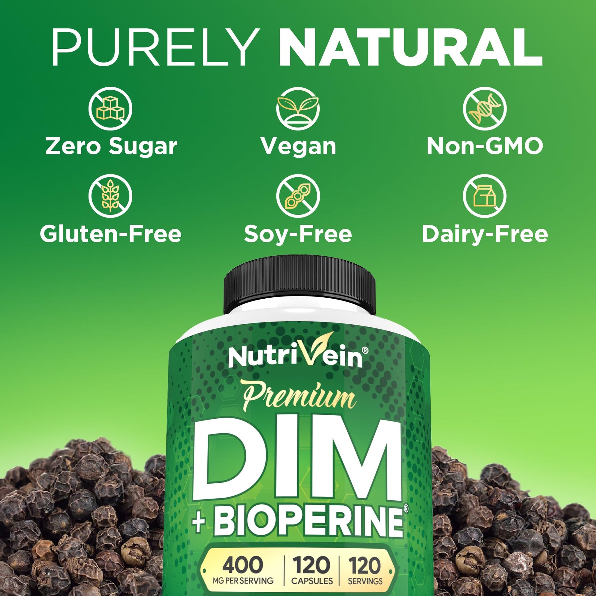 Nutrivein Premium DIM Supplement 400 mg Daily - 120 Servings (120 Capsules): Diindolylmethane for Women and Men - Plus Bioperine - Estrogen Supplement - Menopause and Middle Age Support NutriveinAu supplements
