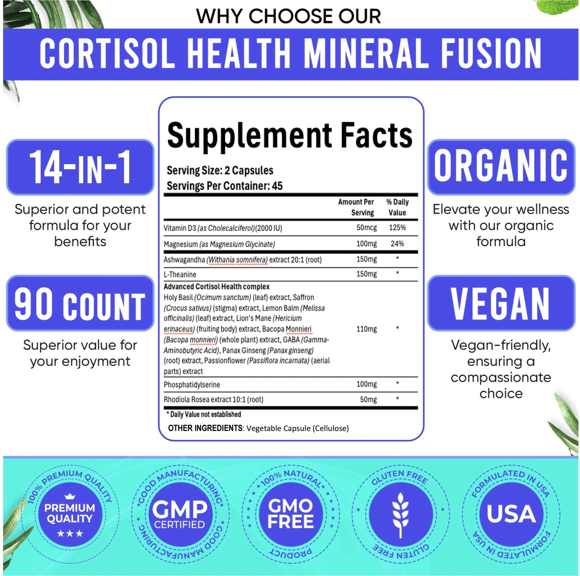 Adndale Cortisol Supplements for Women. Cortisol Reducer 14-in-1 Ashwagandha Supplement with Magnesium Glycinate, L-Theanine & More. 90 Capsules. AdndaleAu supplements