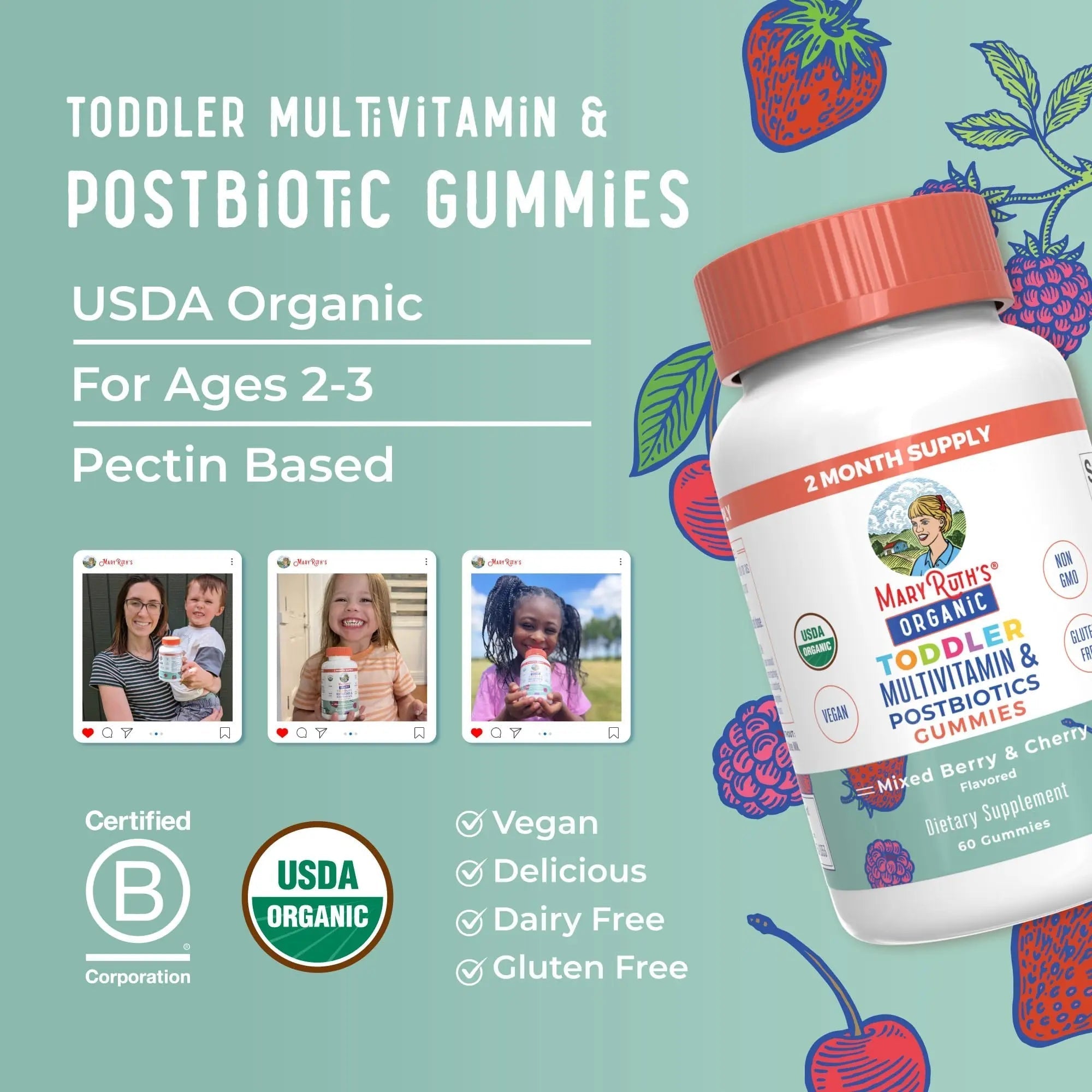 MaryRuth Organics Toddler Multivitamin Gummies + Postbiotics | USDA Organic | Vitamins for Kids Ages 2+ | Immune Support | Vitamin C | MaryRuth OrganicsAu supplements