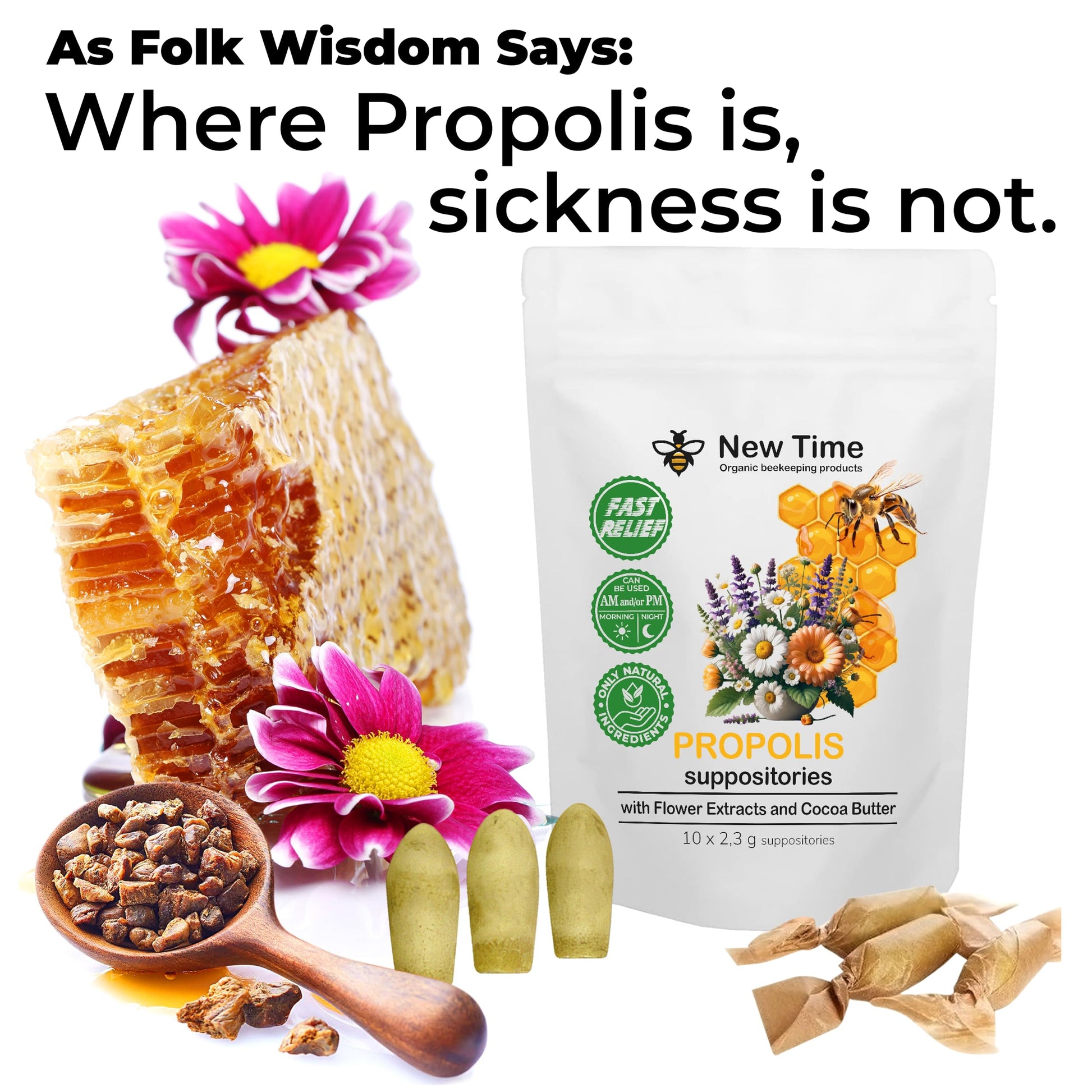 Organic Propolis Comfort Suppositories for Men, Women - Natural Bee & Botanical Formula, Gentle Daily Care 10 Count New Time Organic beekeeping productsUS supplements