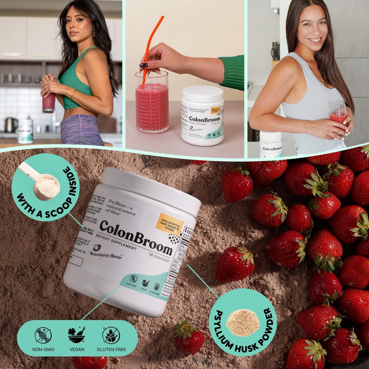 ColonBroom Psyllium Husk Powder (Strawberry) - Colon Cleanse for Bloating Relief & Gut Health - Colon Broom Fiber Powder Drink - Vegan, Gluten Free, Non-GMO Fiber Powder Supplement, 50 Servings ColonBroomAu supplements